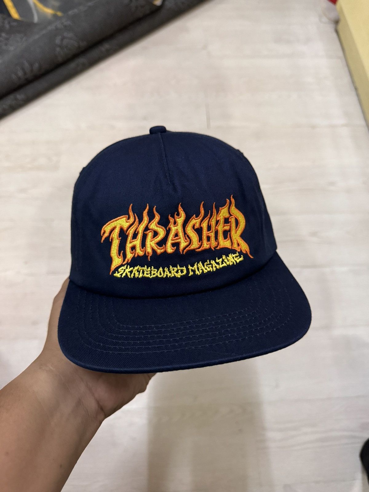 image of Thrasher Skateboard Magazine Fire Flame Snapback in Blue, Men's