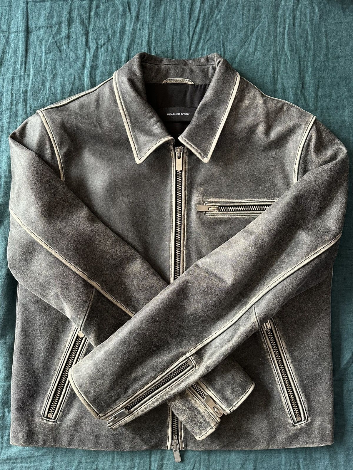 Pearled Ivory Distressed Leather Blouson Jacket Size US M / EU 48-50 / 2 - 2 Thumbnail