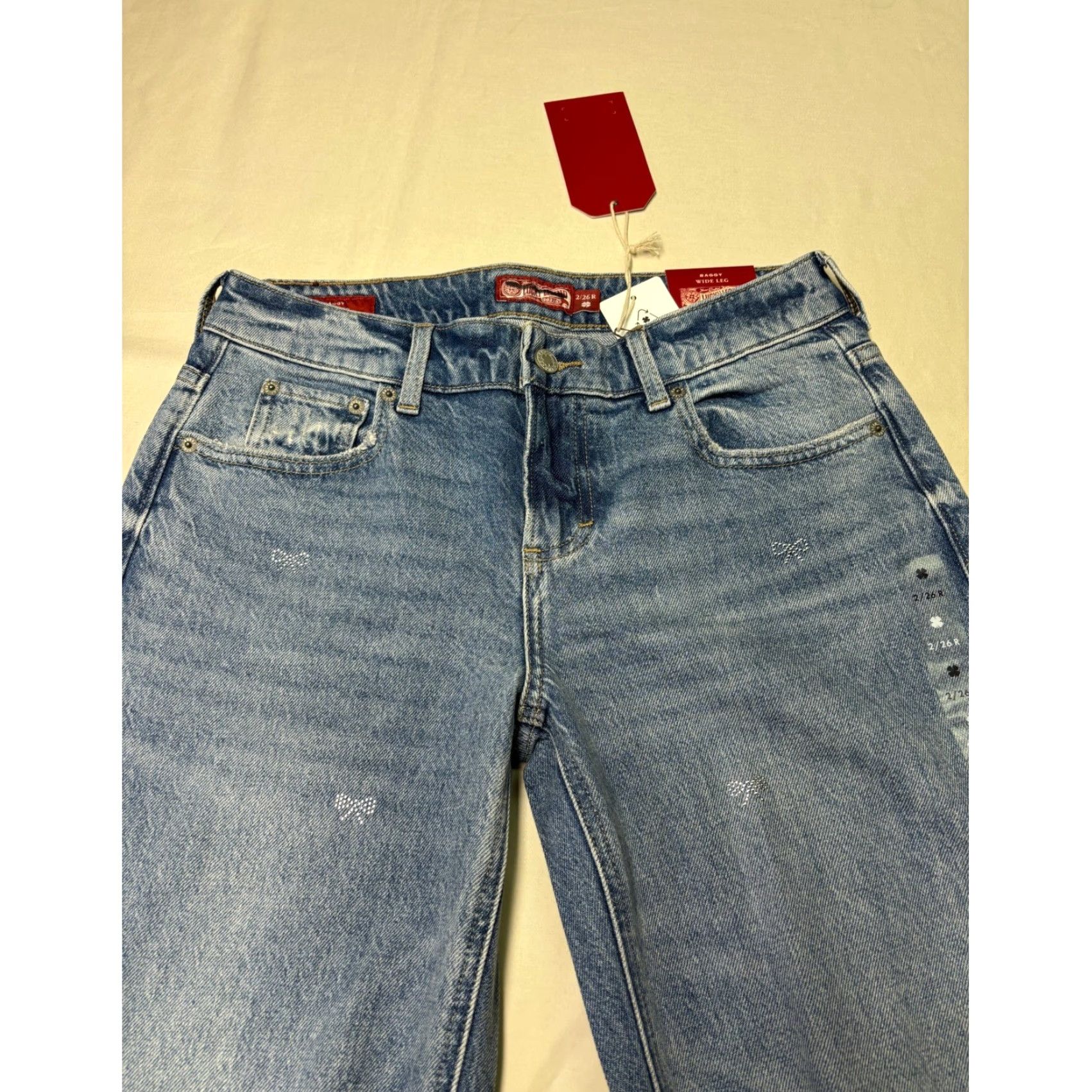 Lucky Brand Lucky Brand Lucky Legend Baggy Wide Leg Jeans Rhinestone Bow 32x32 NWT Women Blue Denim 26 5-Pocket Distressed Vintage Bohemian Size 26" / US 2 / IT 38 - 2 Thumbnail