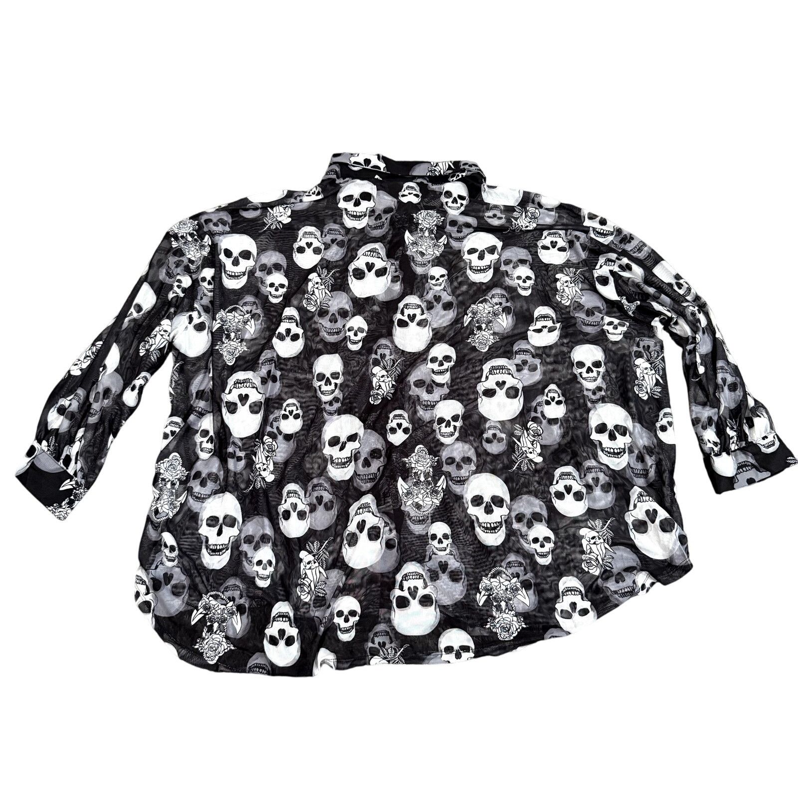 Shein Women's Plus Sheer Skull Printed Button Down Shirt, 32/34 Size ONE SIZE - 2 Thumbnail