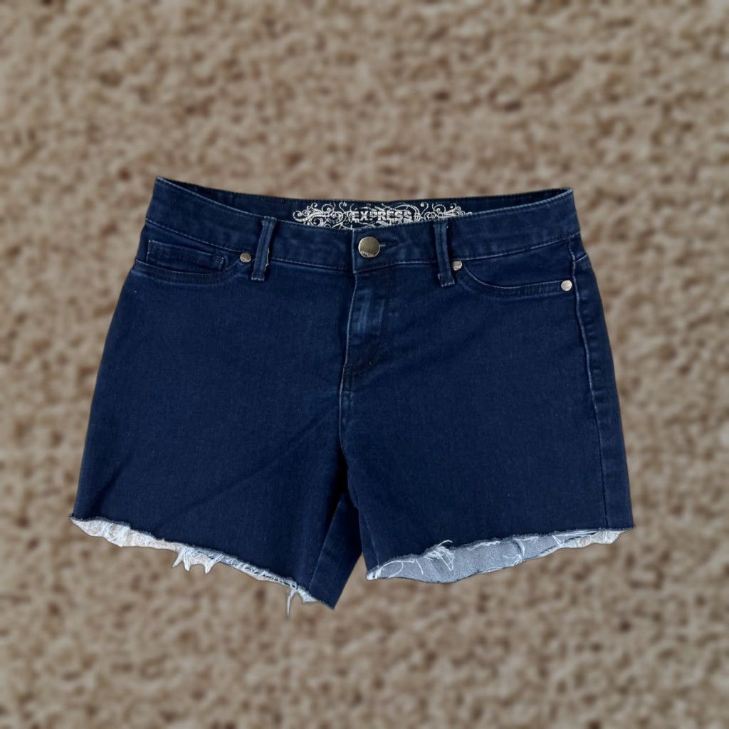 Express Express Shorts Womens 8 Blue Denim Jean Cutoff Mid Rise Dark Wash Cotton 28x4 Size 30" / US 8 / IT 44 - 1 Thumbnail