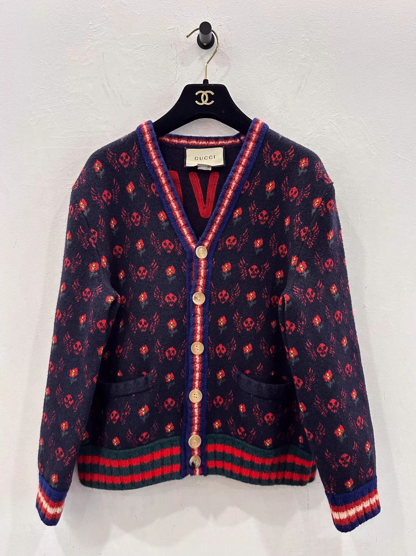 Gucci Gucci red skull logo navy wool cardigan women's S Size S / US 4 / IT 40 - 1 Thumbnail