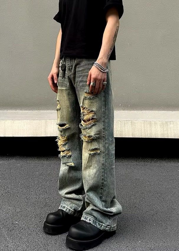 Japanese Brand Washed and ripped street hip-hop baggy jeans Size US 35 - 8 Thumbnail