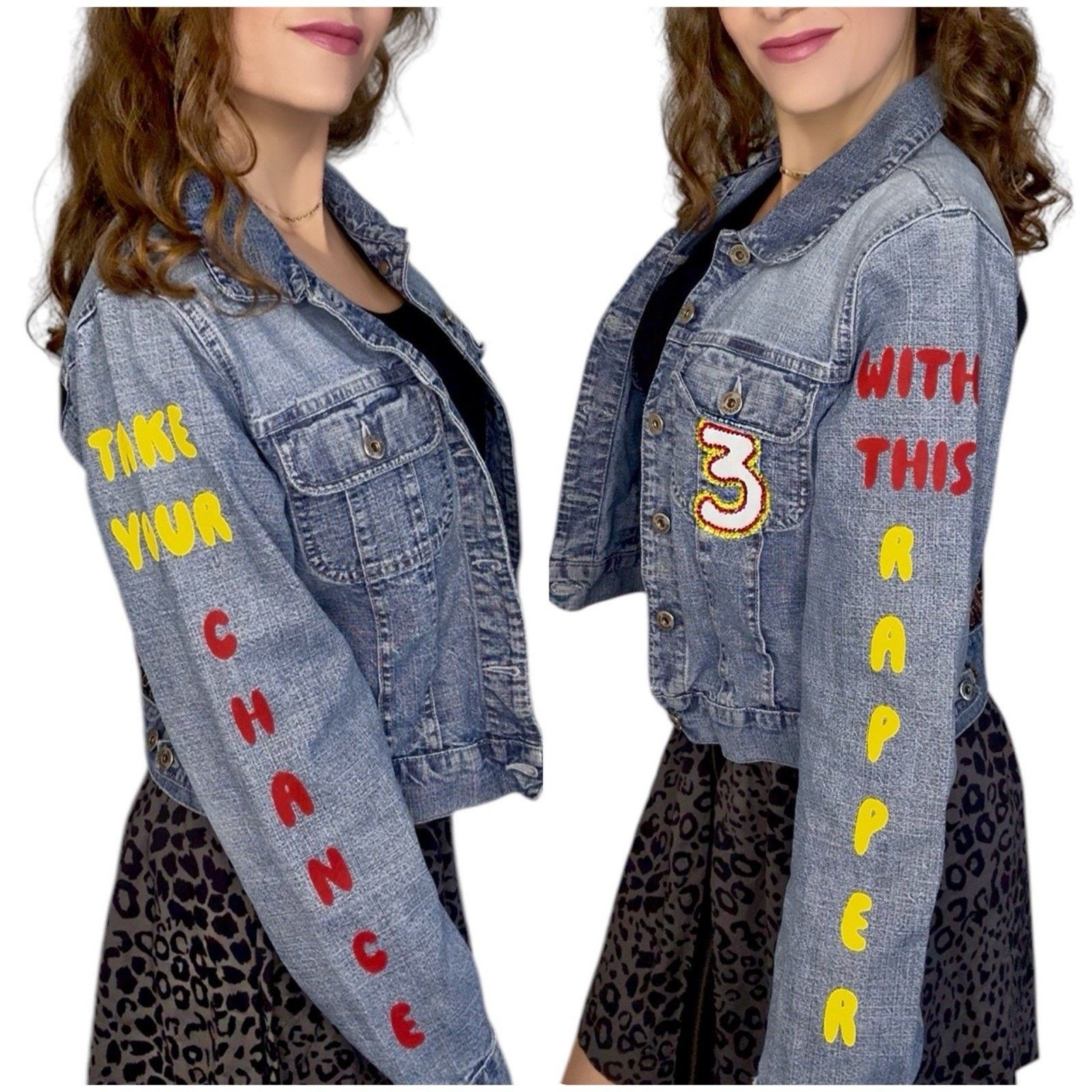 CHANCE THE RAPPER Upcycled Painted Denim Rhinestone Jacket M