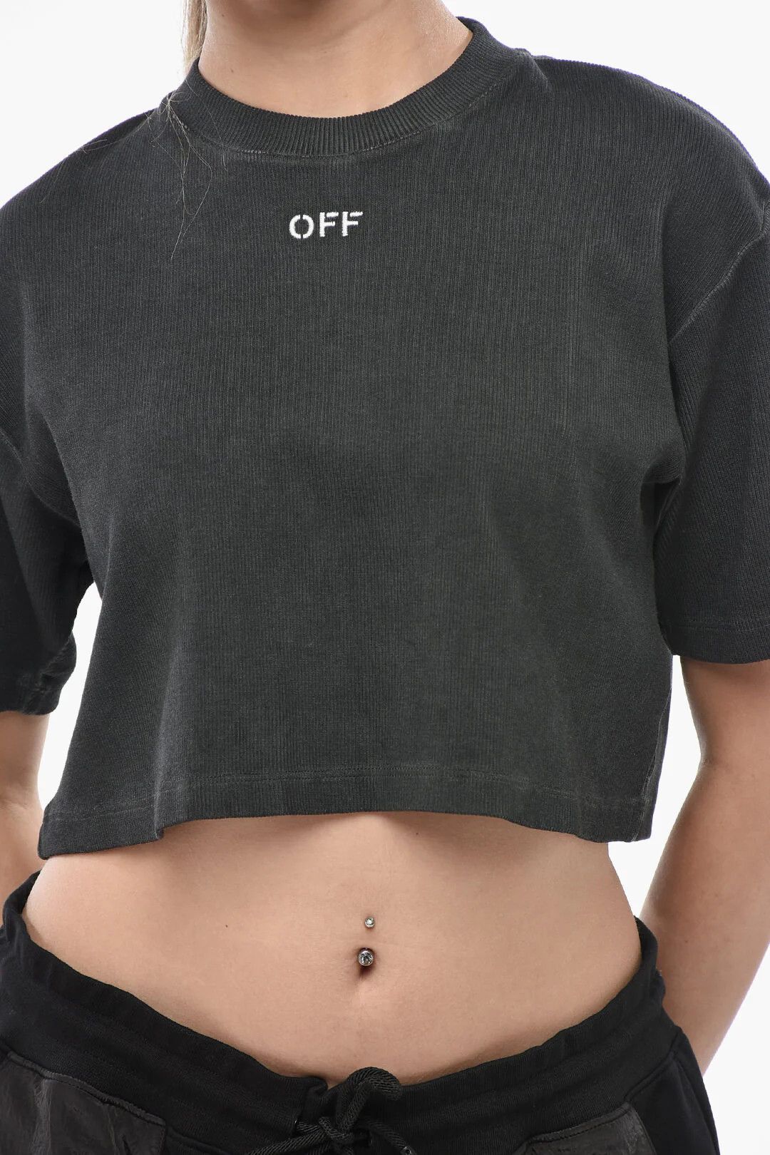 Off-White og1mm0426 Ribbed Cotton-Blend Crop T-Shirt in Grey Size M / US 6-8 / IT 42-44 - 3 Thumbnail