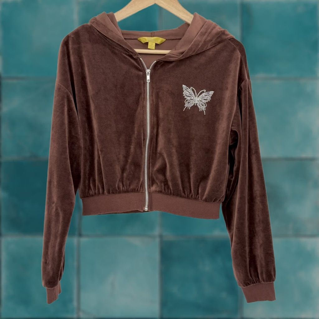 Velour Cult Favorite Hoodie Velour Zip Up Butterfly Rhinestone Jacket Womens Medium Brown Y2K Size M / US 6-8 / IT 42-44 - 1 Thumbnail