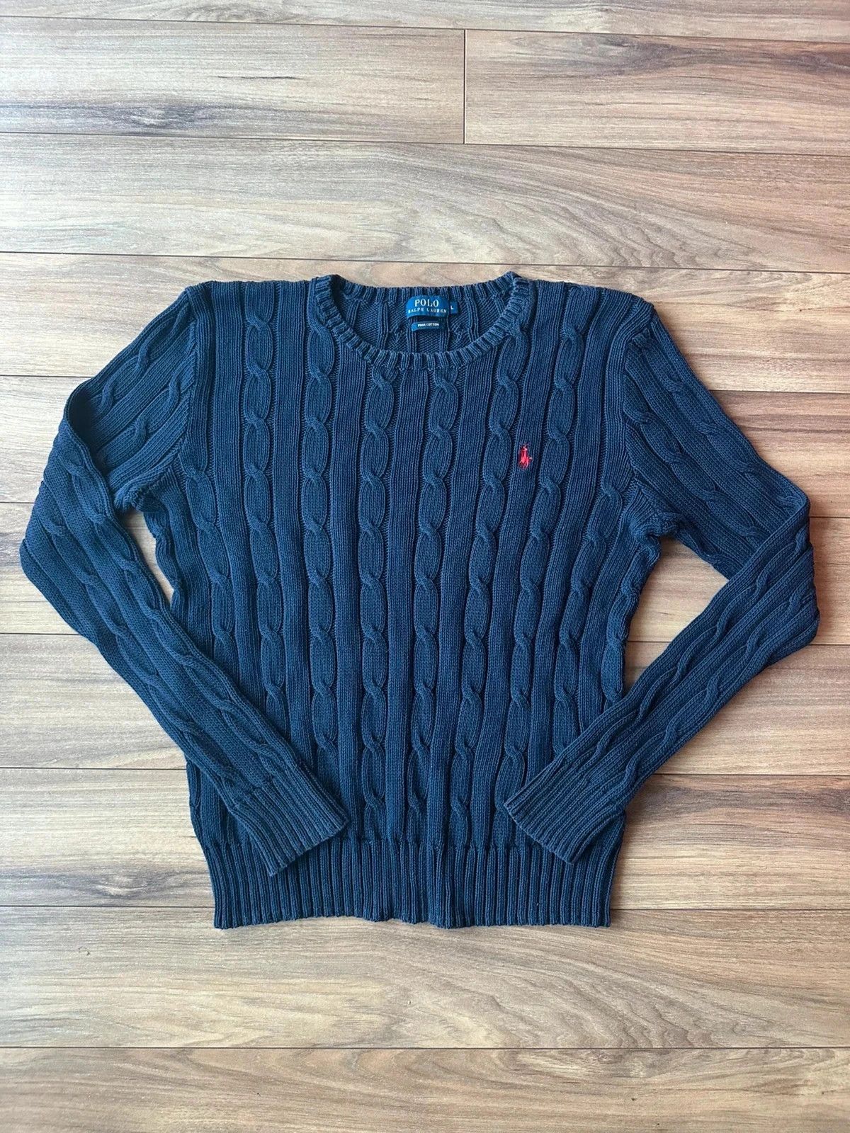 Polo Ralph Lauren Polo Ralph Lauren Cable Knit Sweater Navy Red Pony Size L / US 10 / IT 46 - 1 Thumbnail