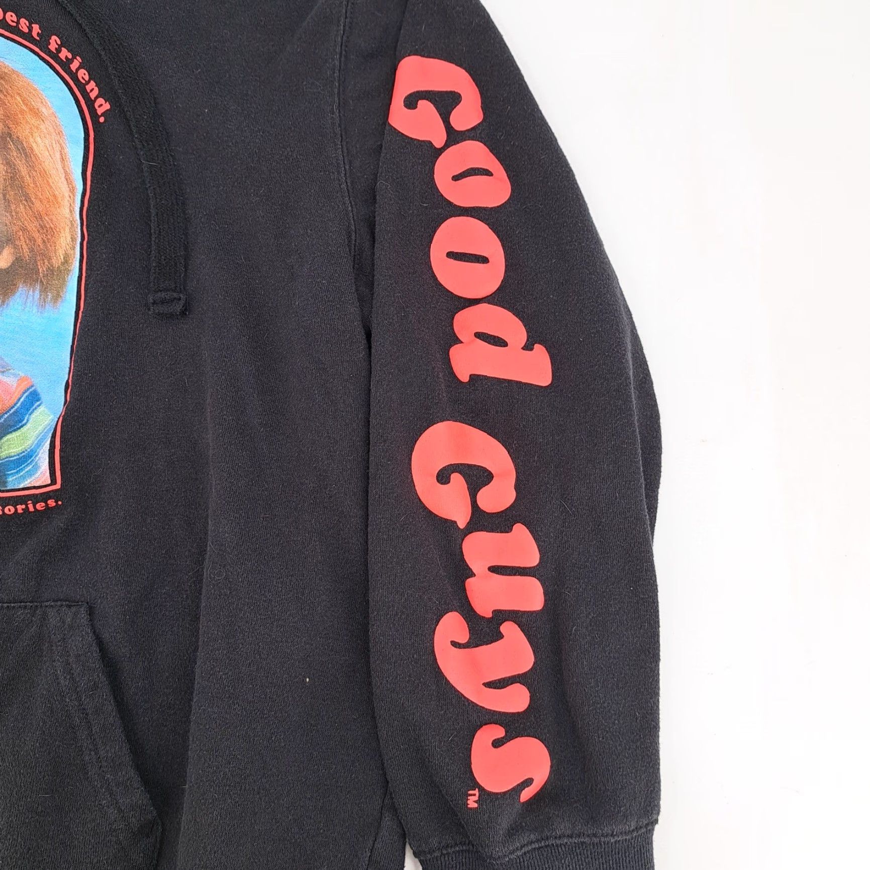 Vintage Chucky Shirt Hoodie Mens XL Black Graphic Print Hooded Kangaroo Pocket Good Guys Halloween 80s Horror Movie Retro Size US XL / EU 56 / 4 - 4 Thumbnail
