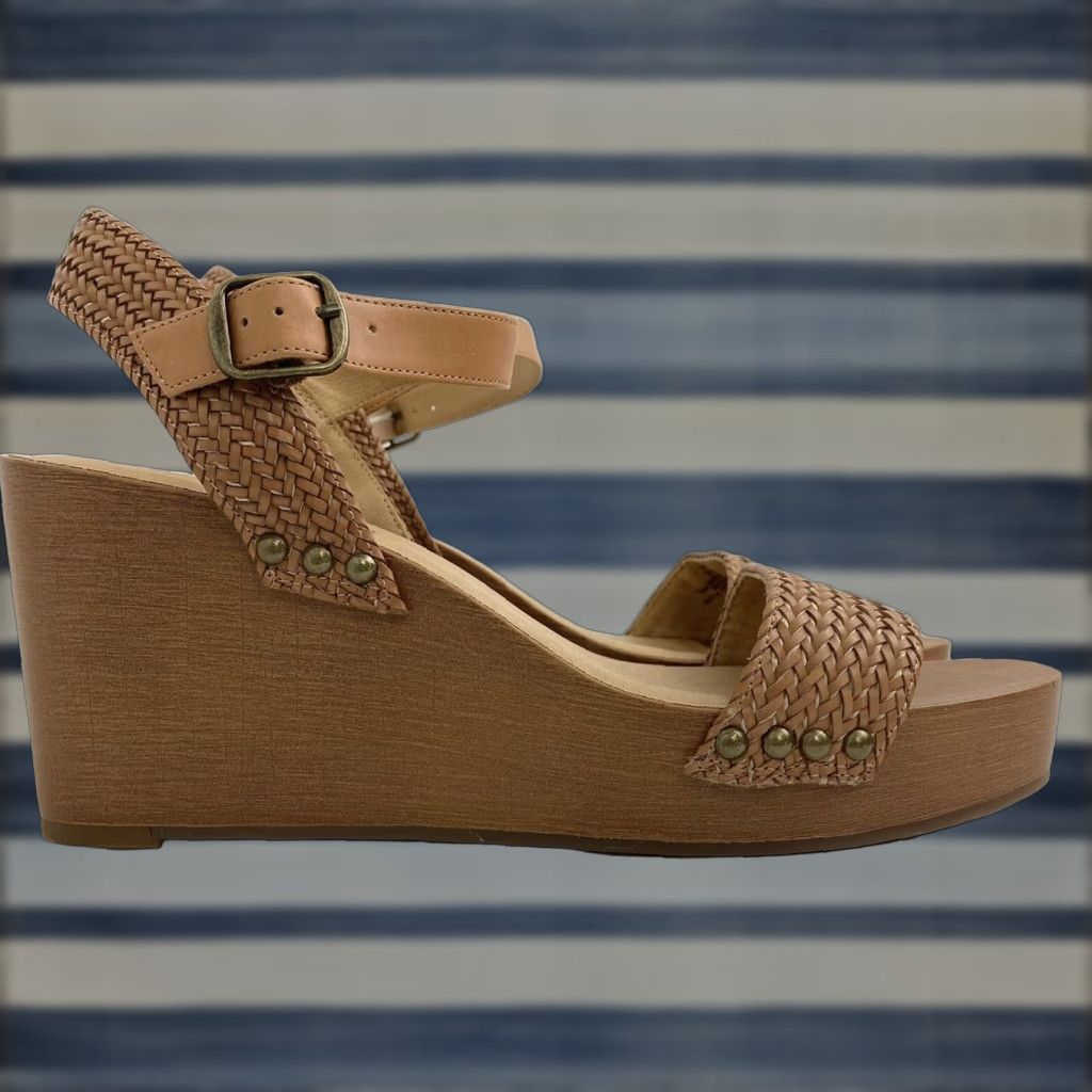 Lucky Brand Zyler Wedge Sandals WomenS 9.5 Brown Faux Leather Strappy High Heel Shoes Casual, Women's