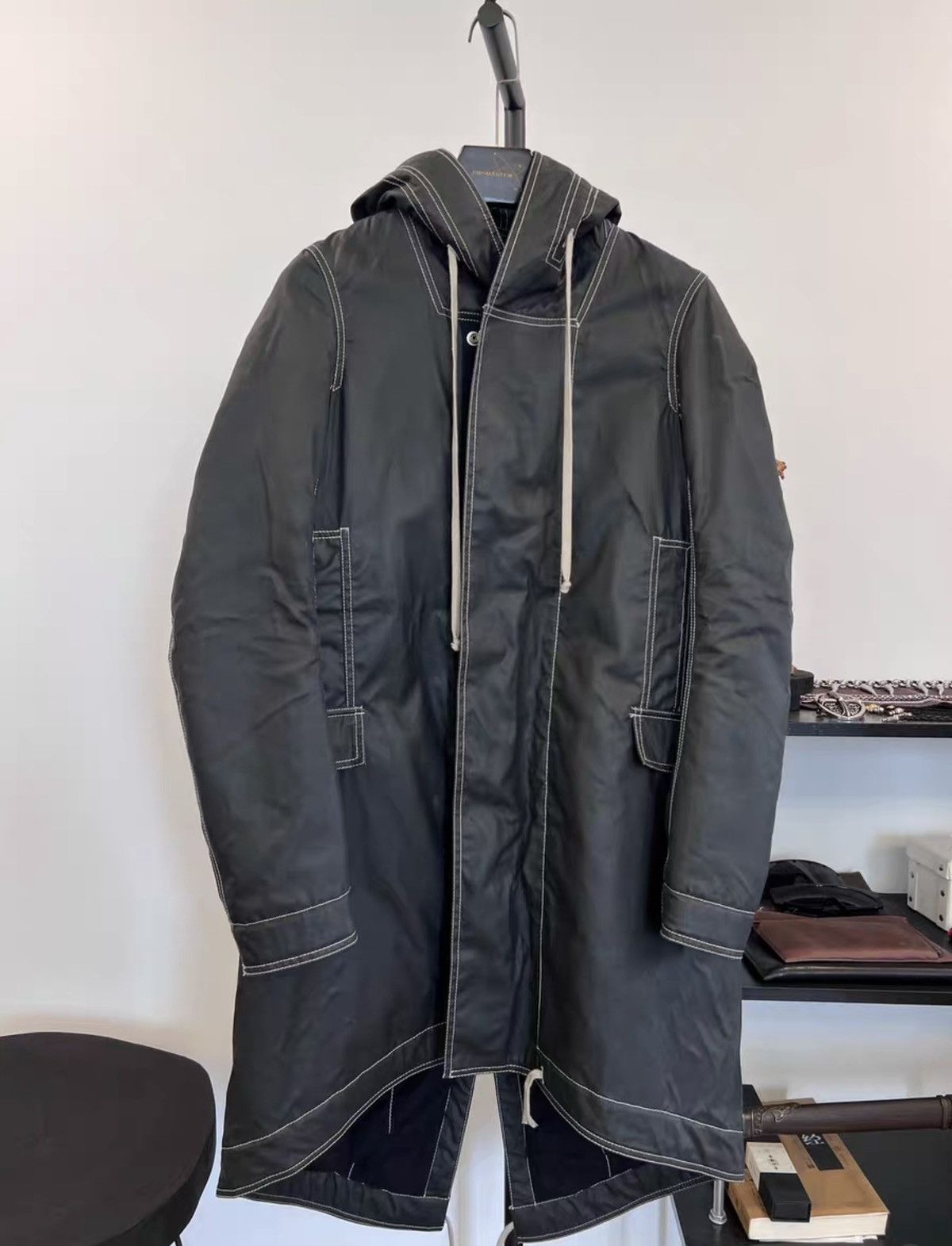 Rick Owens DRKSHDW Waxed Canvas Long Fishtail Quilted Coat