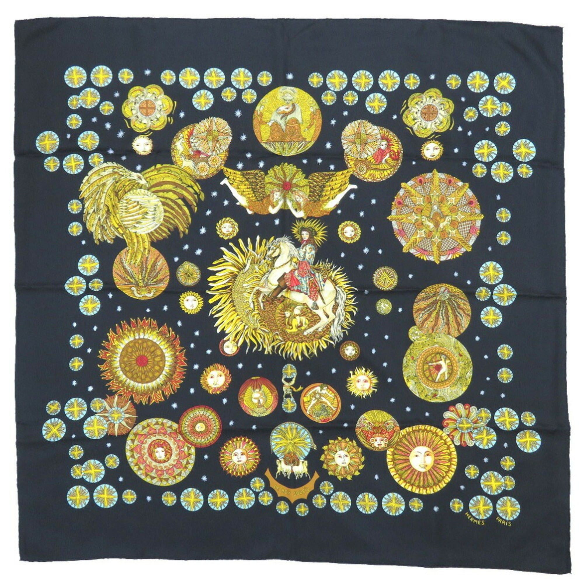 image of Hermes Carre Muffler 90 Le Roy Soleil Sun King Silk 100% Black Scarf 0135, Women's