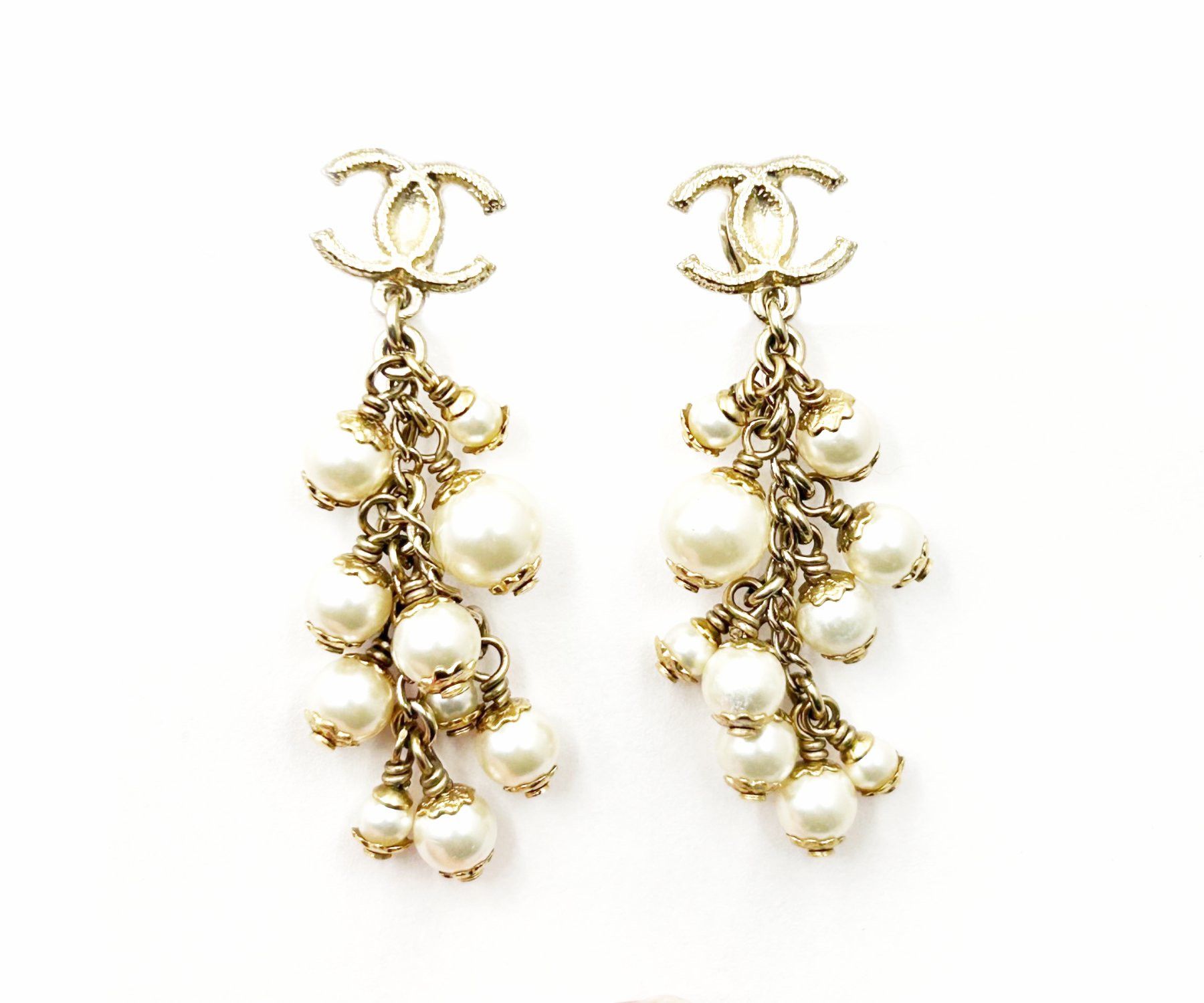 image of Chanel Gold Cc Multi Pearls Dangle Clip On Earrings, Women's