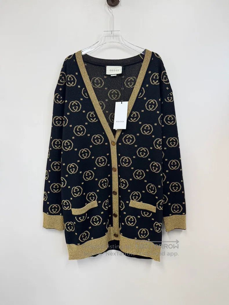 Gucci Black gold silk double G full logo knitted cardigan