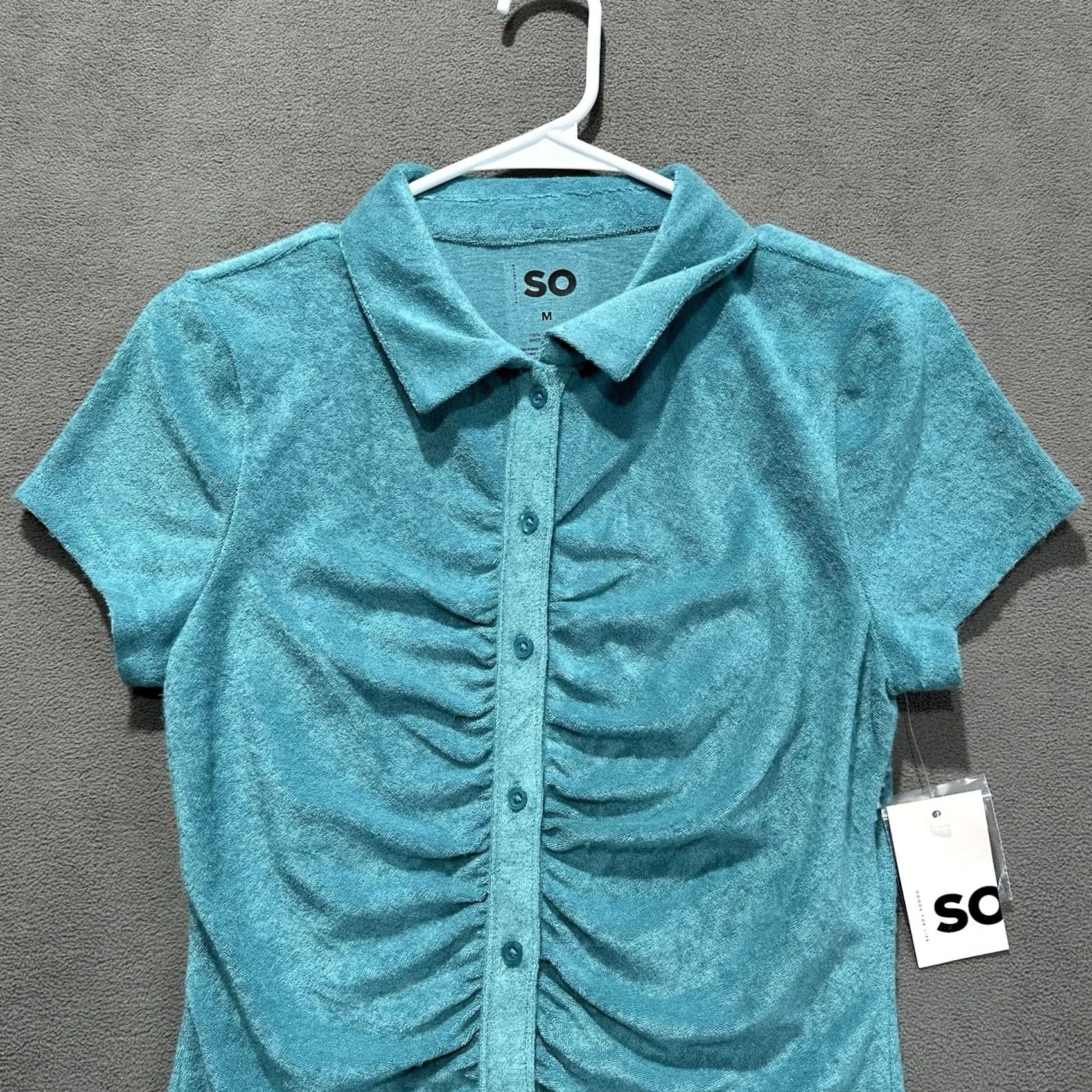 Vintage SO Blue Shirred Polo Dress Juniors M Button Front Stretch Ruched Short Sleeve Size 40" / US 18 - 3 Thumbnail