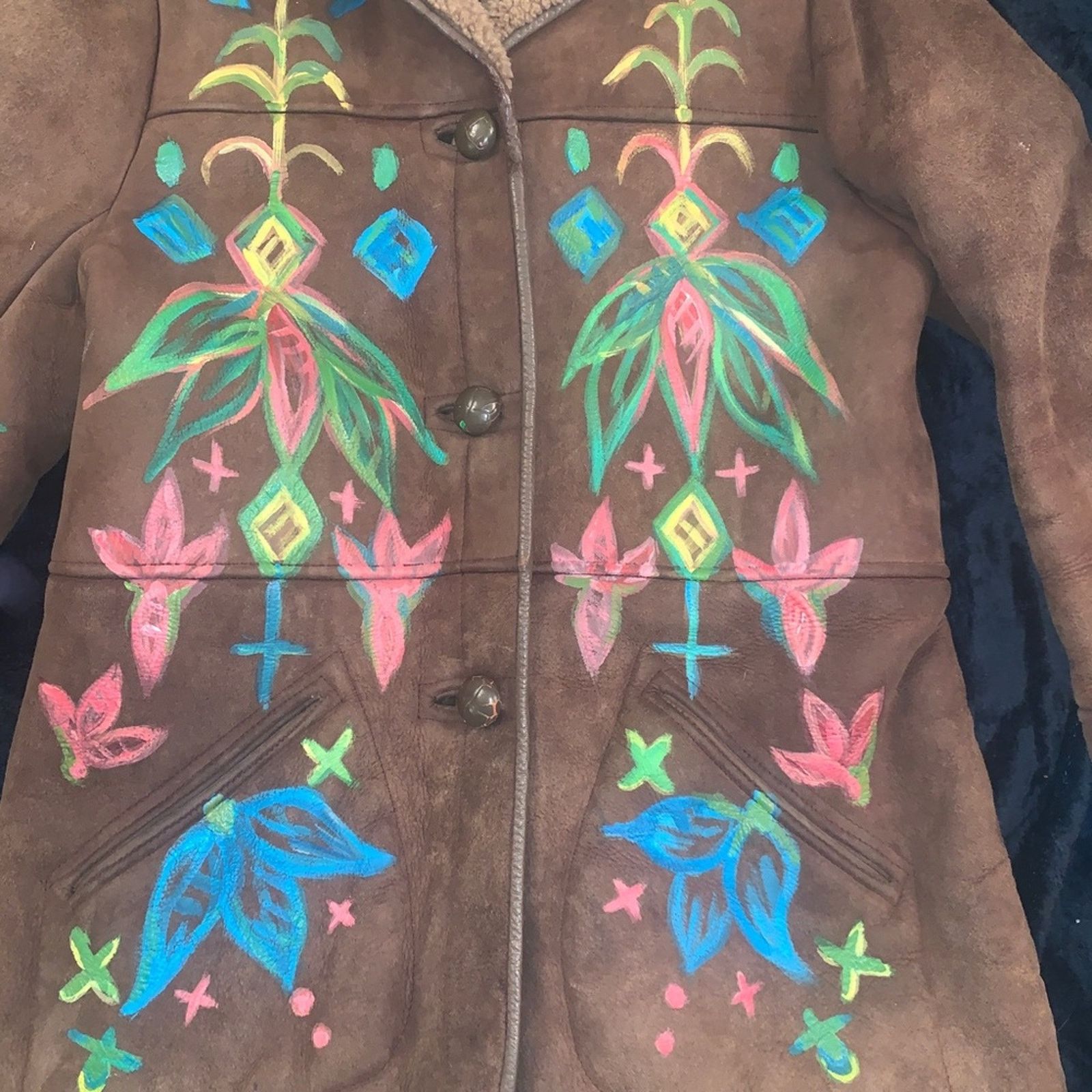 Other VINTAGE 80's HANDPAINTED SHEEPSKIN SHEARLING Jacket U.K. Size S / US 4 / IT 40 - 6 Thumbnail