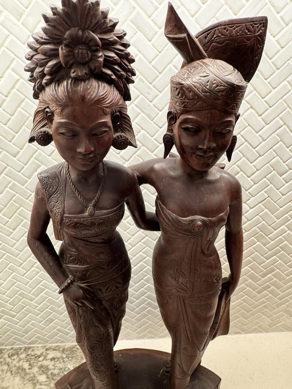Designer Vintage BALI WOMANS Hand Carved WOOD Sculpture Couple Statue Size ONE SIZE - 6 Thumbnail