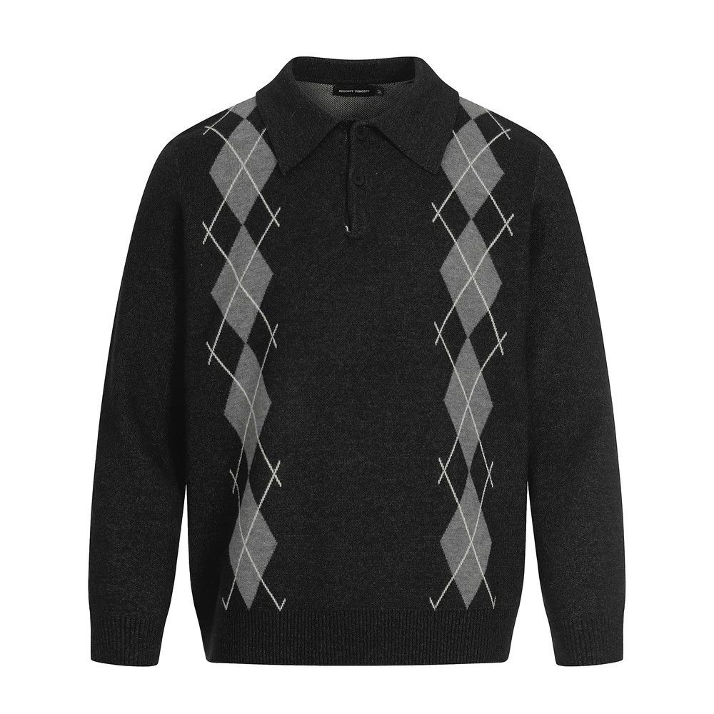 Vintage American retro men's diamond jacquard POLO collar sweater Size US M / EU 48-50 / 2 - 1 Thumbnail