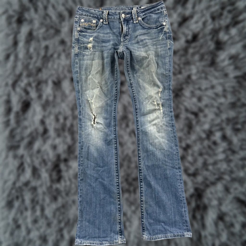 Miss Me Miss Me Jeans Womens 29 Blue Mid Rise Distressed Embellished Bootcut Cowboy Pattern Western 33in Inseam Size 29" - 1 Thumbnail