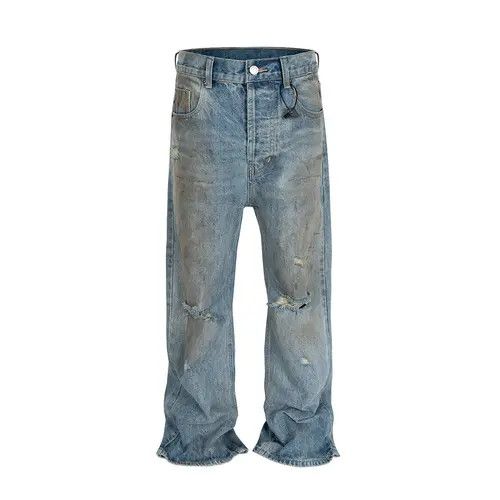 Japanese Brand Kawamura x Min Mud Dyed Washed Hole Blue Baggy Jeans Size US 35 - 8 Thumbnail