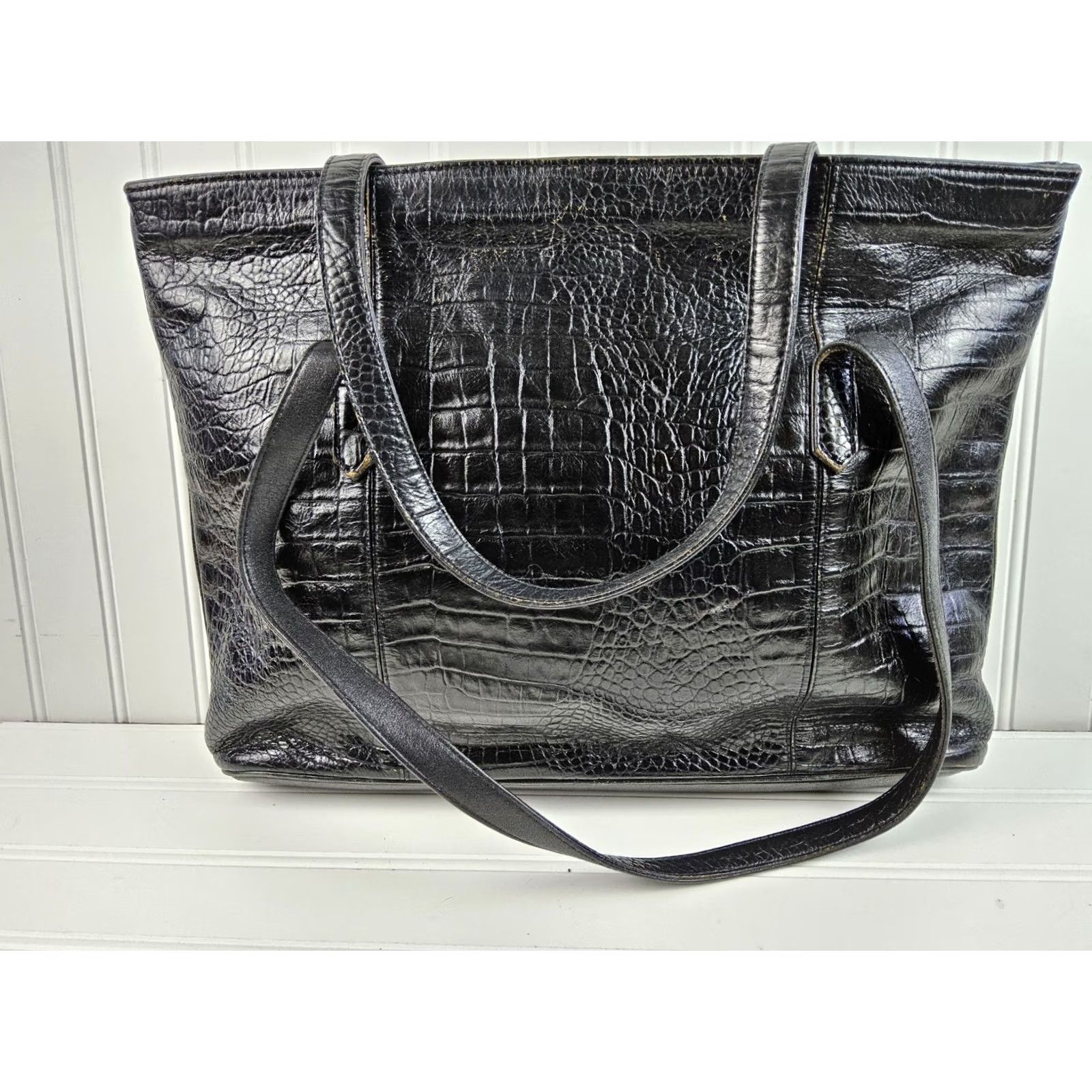 Vintage Annalou Crocodile Embossed Leather Tote Shoulder Handbag Purse Women Leather Tote Black Size ONE SIZE - 4 Thumbnail