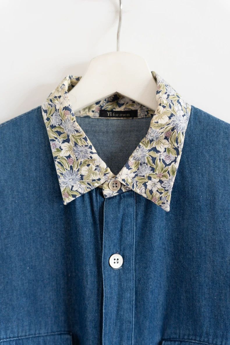 Yohji Yamamoto Yohji Yamamoto size os 90s Floral Neck Denim Shirt Size US M / EU 48-50 / 2 - 3 Thumbnail