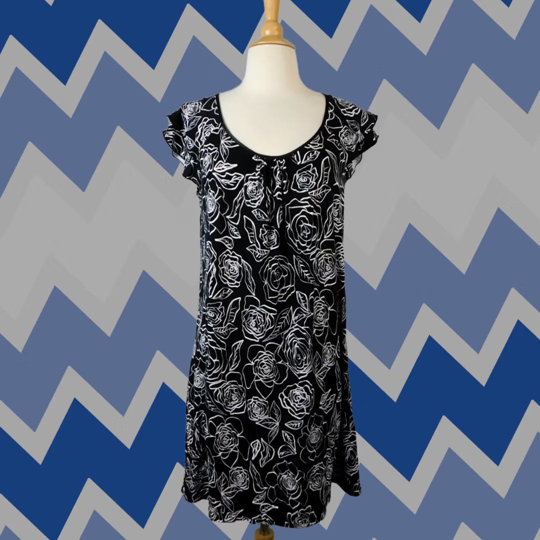 Charter Club Charter Club Nightgown Knit Floral Ruffle Sleeve V-Neck Black XS Womens Gown Size ONE SIZE - 1 Thumbnail