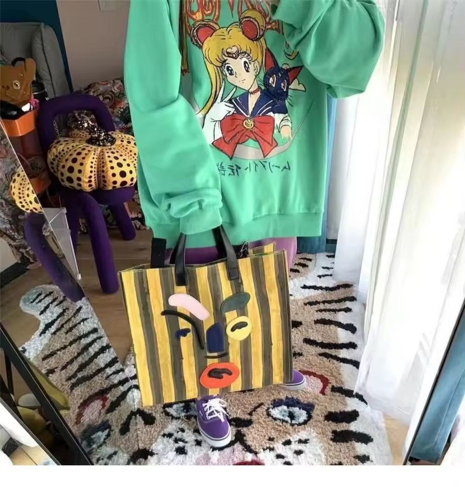 Handmade Canvas Capacity Designer Cartoon Shoulder Shopping Bag Size ONE SIZE - 1 Thumbnail