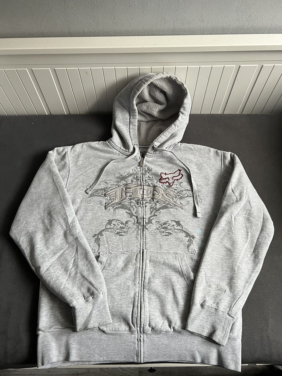 image of Vintage Fox Racing Sherpa Zip Hoodie Center Logo in Grey, Men's (Size Large)