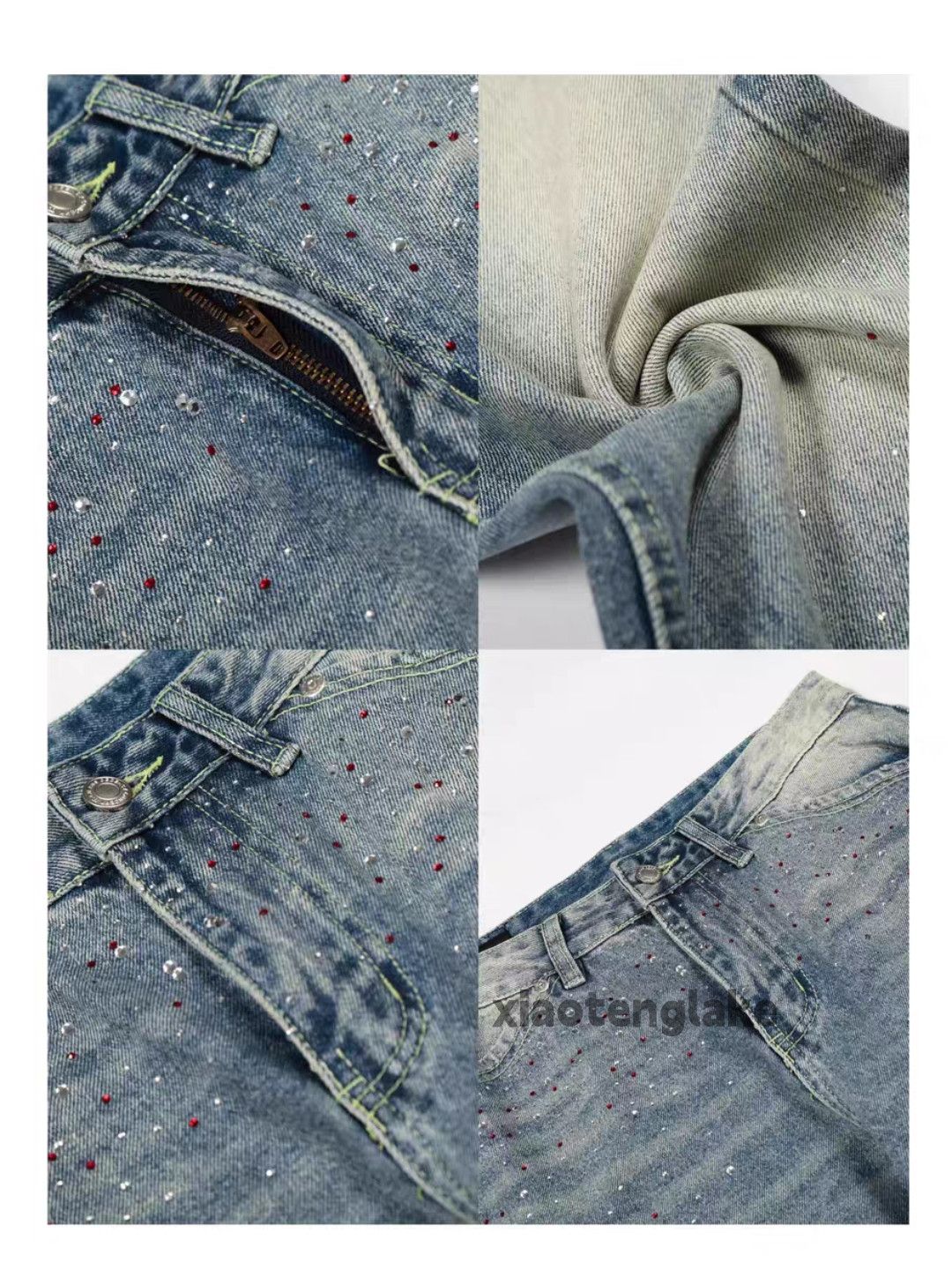 Jean xz vintage wide Leg flared hiphop rhinestone jeans Size US 34 / EU 50 - 4 Thumbnail