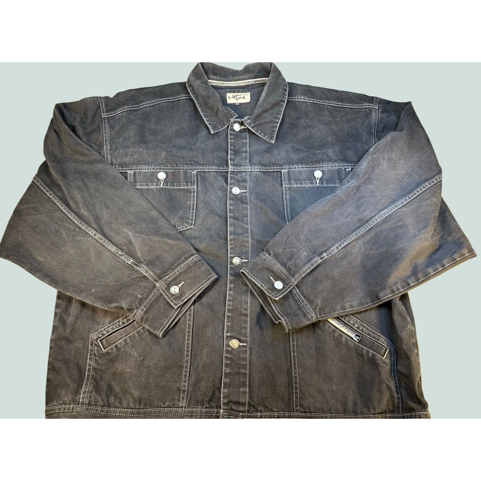 Lifted Anchors Lifted Anchors Denim Jacket Black Heavy Stitch Distressed Look Bomber Jacket 3XL Mens Jacket Denim Cotton Black Size US XXL / EU 58 / 5 - 1 Thumbnail