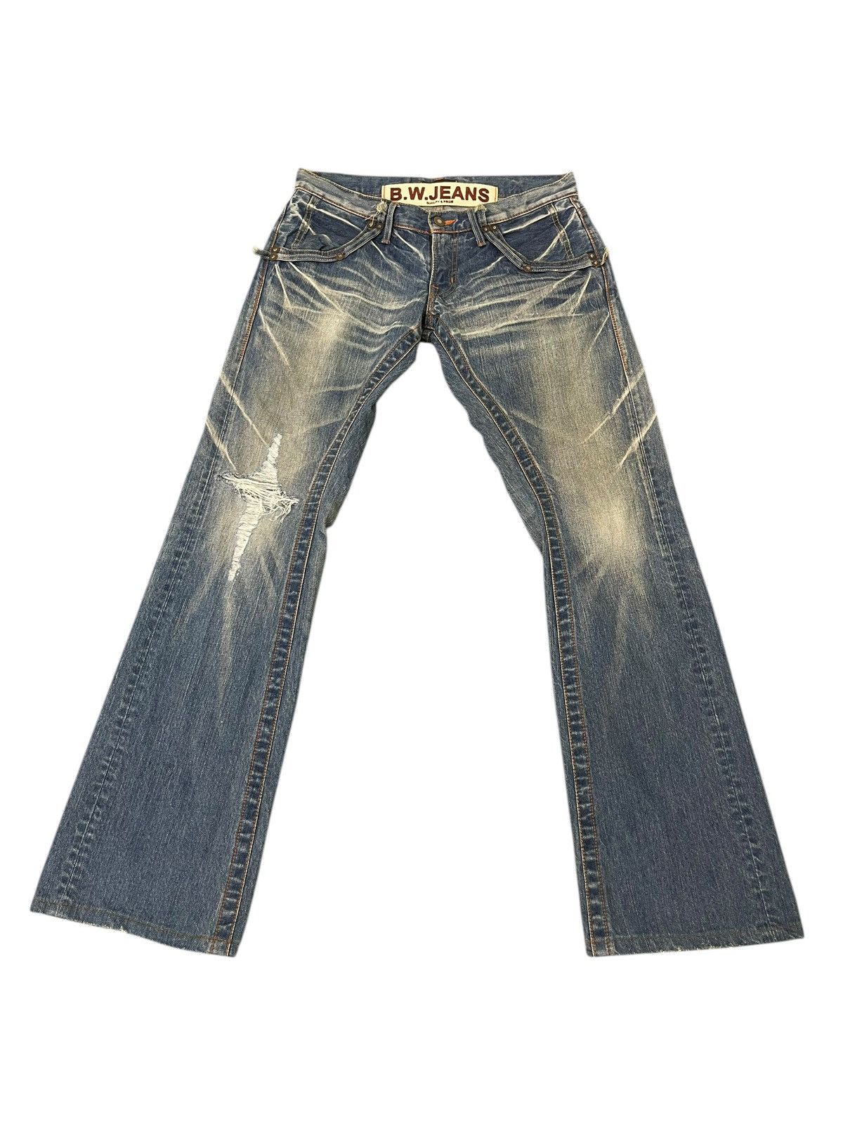 Japanese Brand Flare Jeans Blue Way Faded Distress Low Rise Boot Cut 1🟦2 Size US 32 / EU 48 - 2 Thumbnail