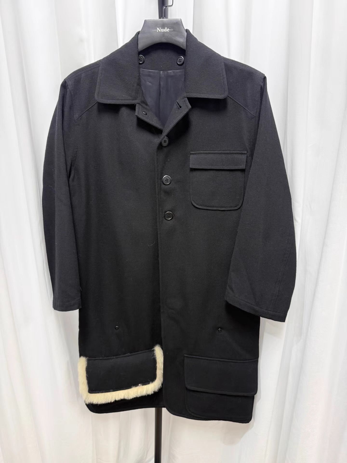 Yohji Yamamoto Black Long Heavy Coat with Fur-Trimmed Pockets Size US M / EU 48-50 / 2 - 1 Thumbnail