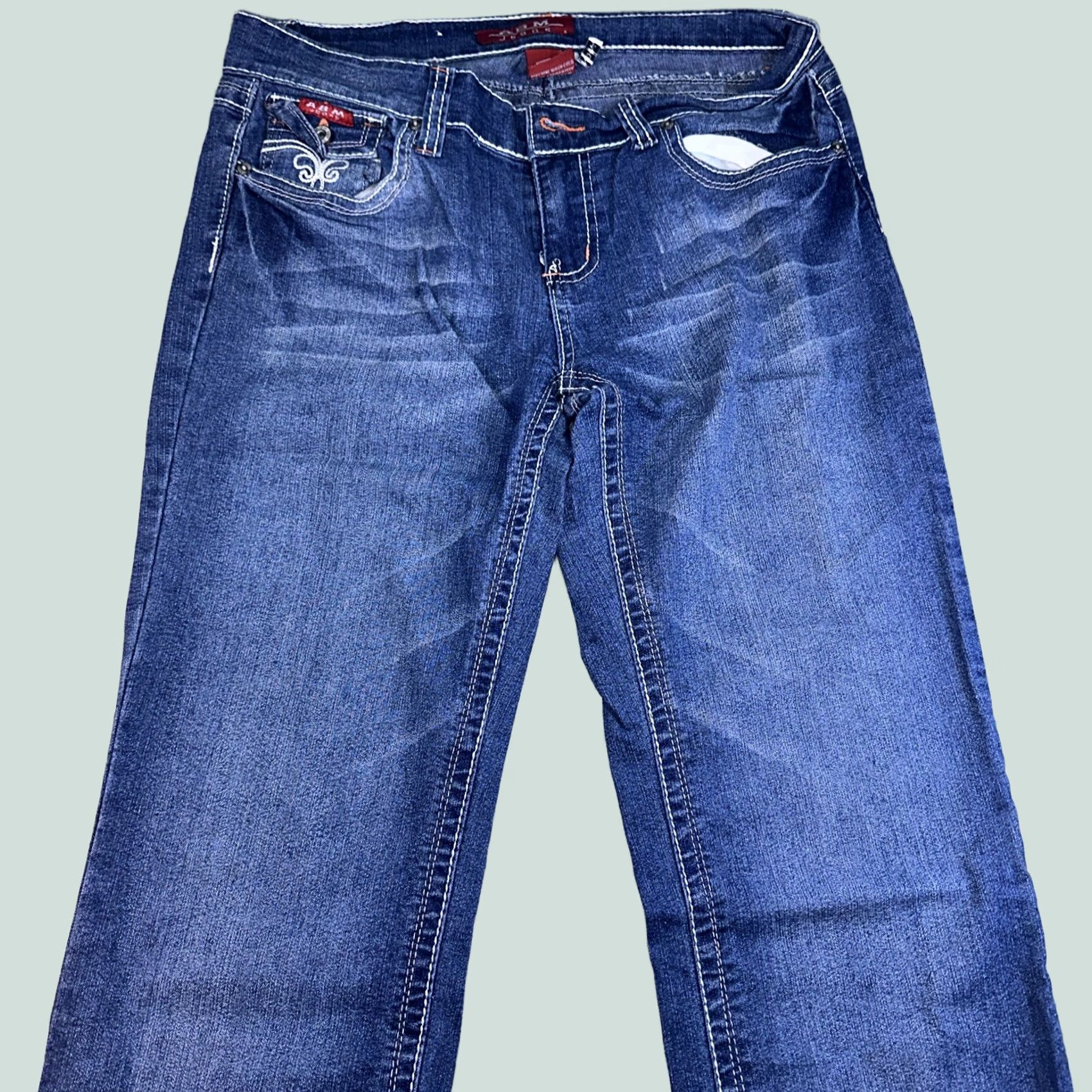 Vintage ABM Women Blue Jeans Medium Wash Embroidered Rhinestone Straight Leg Zip 5-Pocket Denim Cotton Spandex Regular Fits Juniors Size 13 Mens? Size 34" / US 12 / IT 48 - 1 Thumbnail