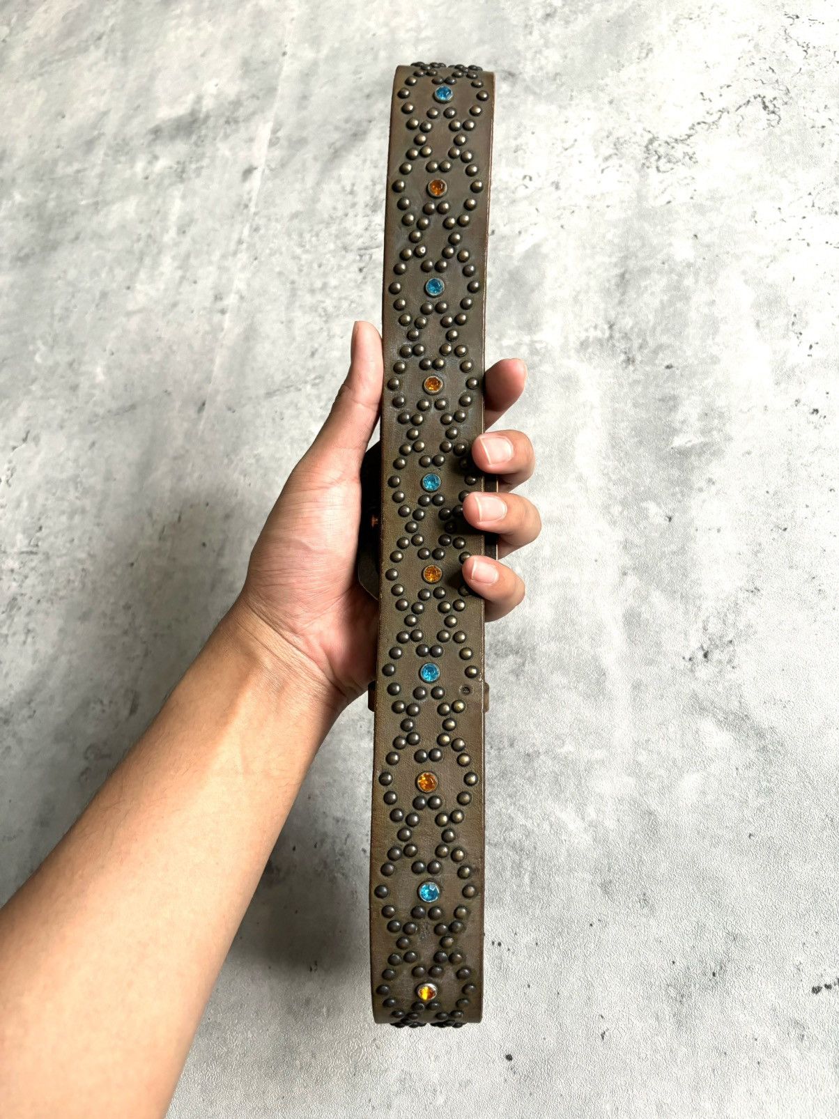 Japanese Brand Leather Design Blue&Orange Studded Belt Size 32 - 5 Thumbnail