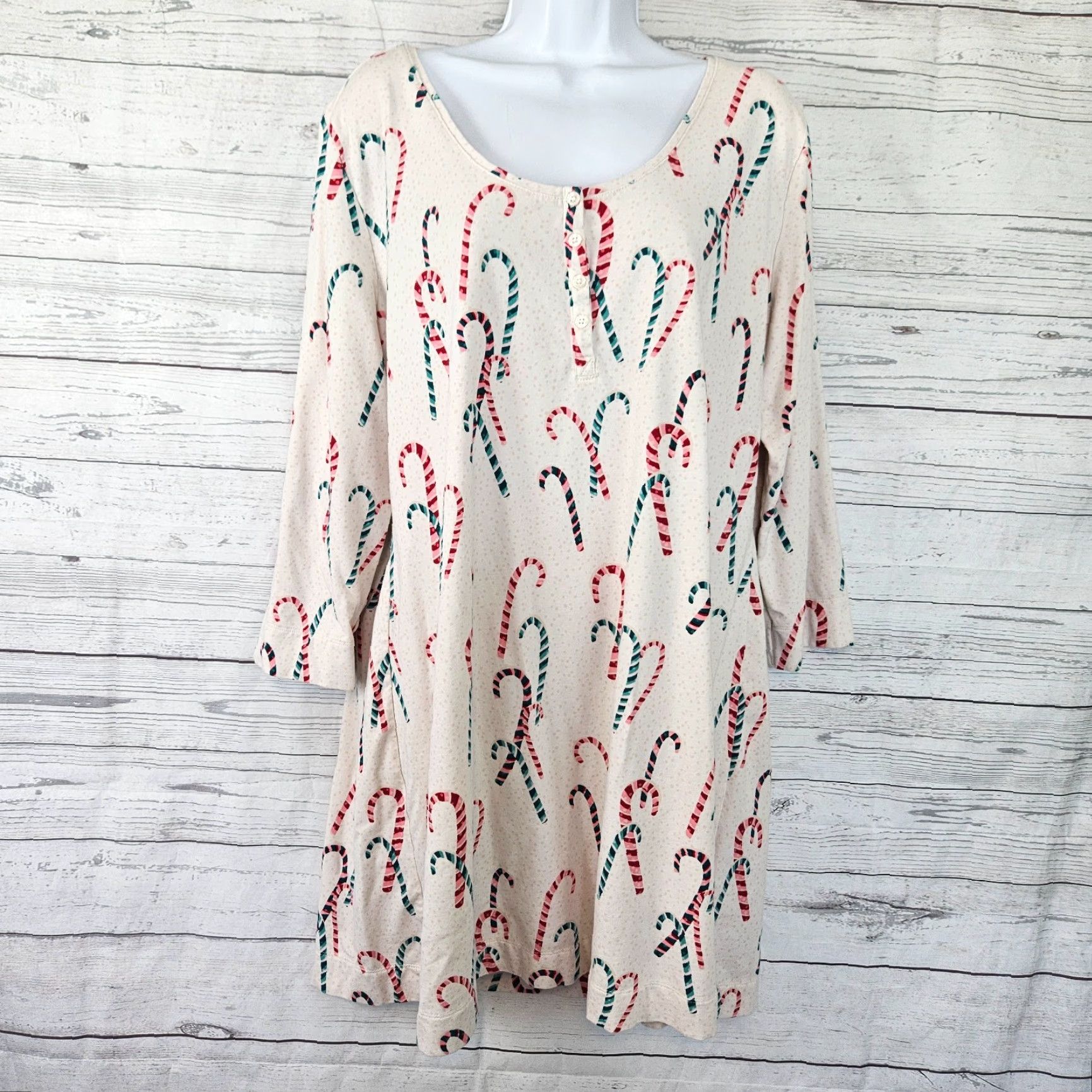 Vintage Soma Gown Womens Sz XL Red Green Candy Canes Cotton Blend 3/4 Sleeve Size ONE SIZE - 2 Thumbnail