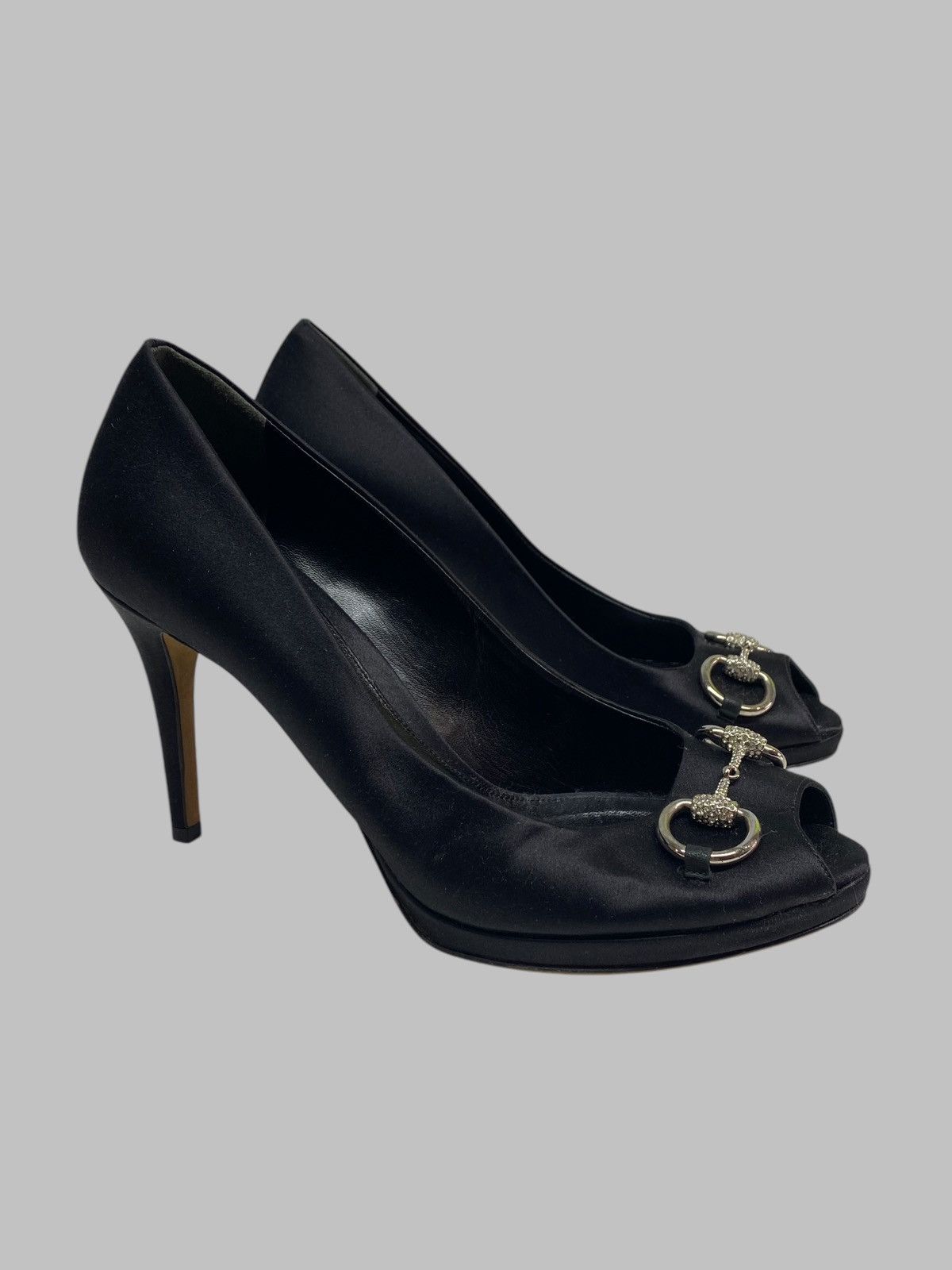 Gucci Gucci Black Satin Rhinestones Embellished Peep Toe Heels Size US 10 / IT 40 - 2 Thumbnail