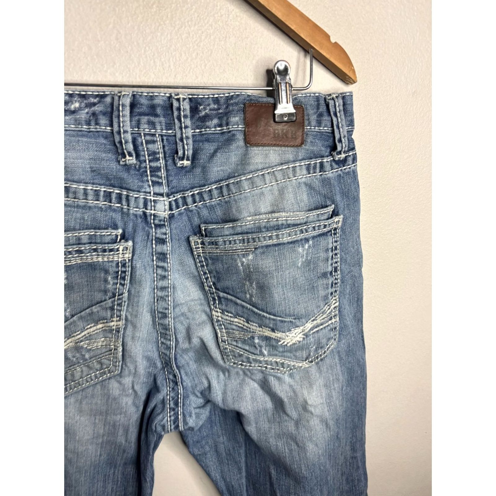 BKE BKE Tyler Straight Jeans Mens 33x34 Blue Distressed Ripped Denim Button Fly Size US 33 - 6 Thumbnail