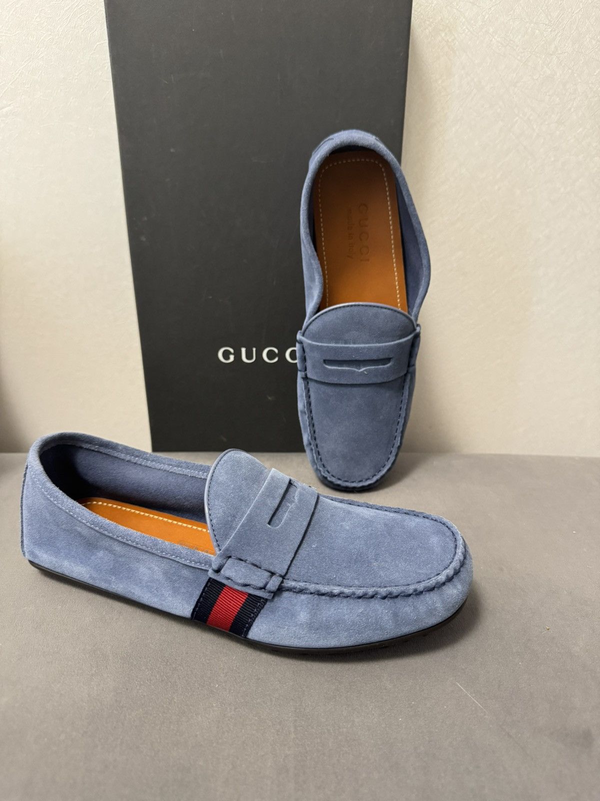 Gucci New Gucci Web Trim Loafer Blue Suede Driver Shoes Sz G5 . Size US 5.5 / EU 38 - 1 Thumbnail