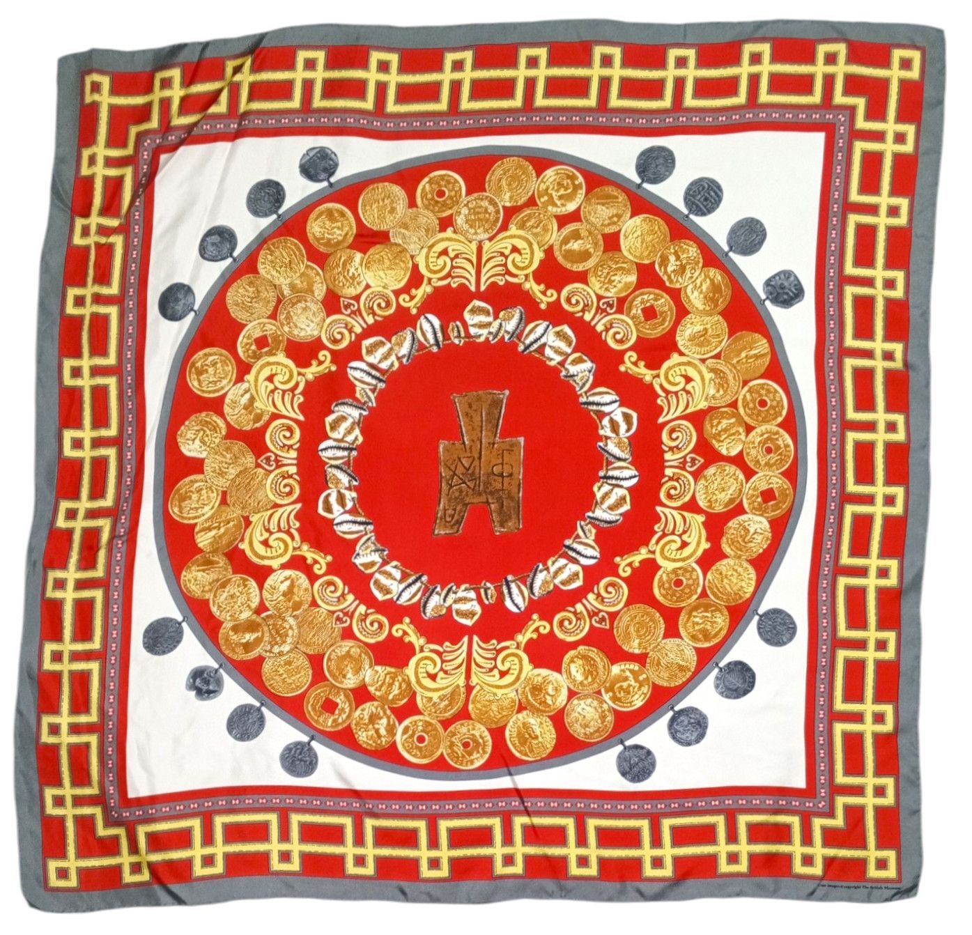 Other BRITISH MUSEUM Coin Image Red Gold Extra Large Silk Scarf Size ONE SIZE - 1 Thumbnail