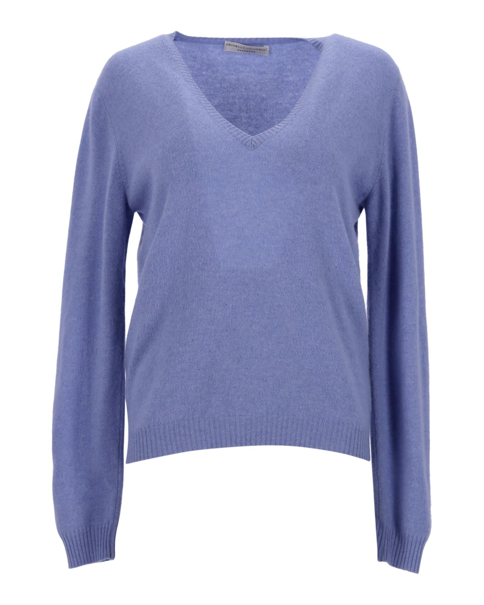 image of Brunello Cucinelli Blue Cashmere V-Neck Sweater in Blue/Light Blue, Women's (Size 2XL)