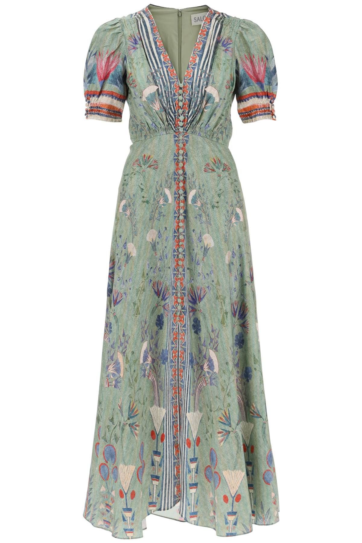 image of Saloni 'lea' Long Dress In Printed Silk in Verde, Women's (Size XS)