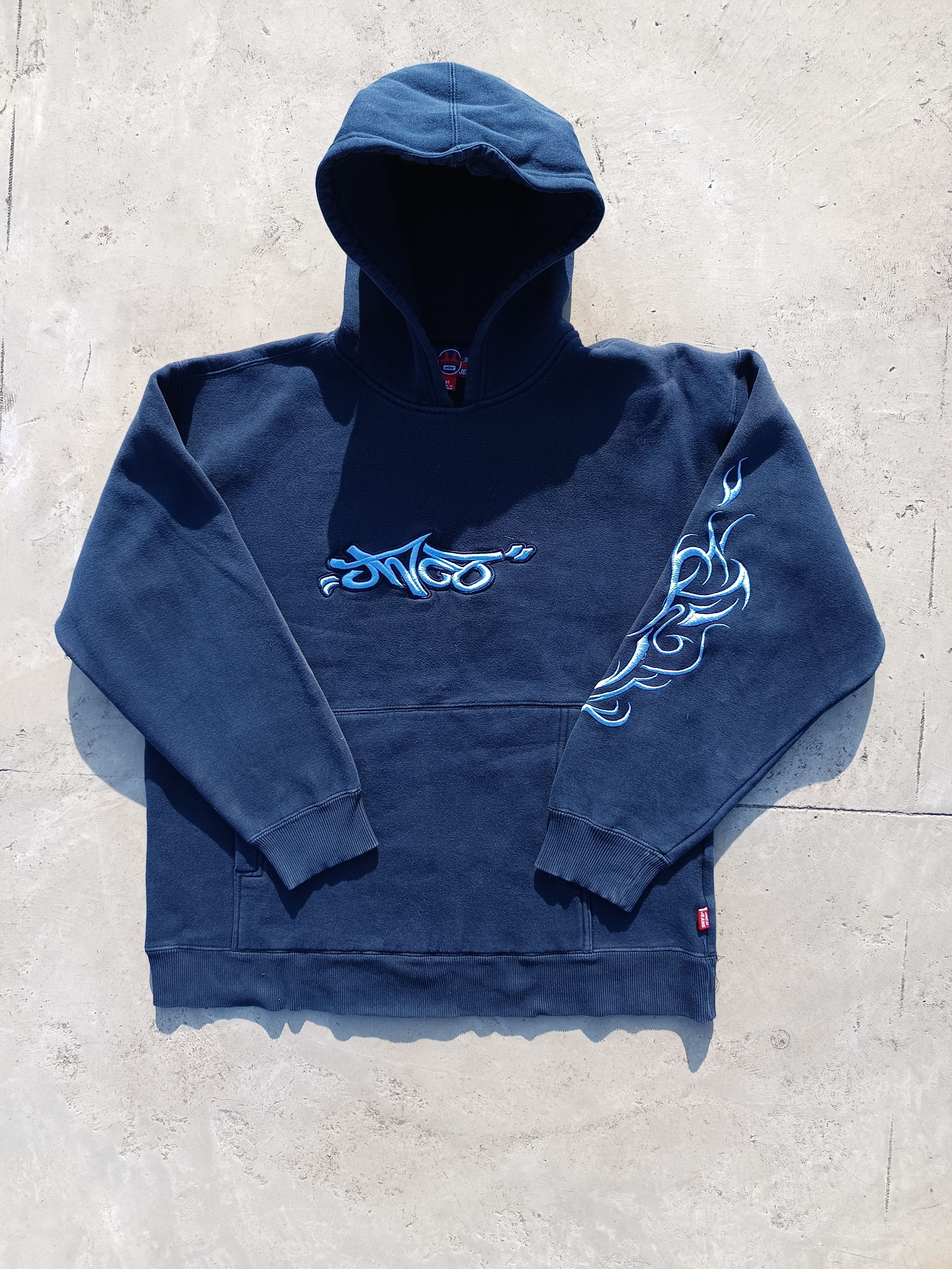image of Y2K Jnco Hoodie Embroidered Tribal Print Hoodie in Bleu Navy, Men's (Size Medium)