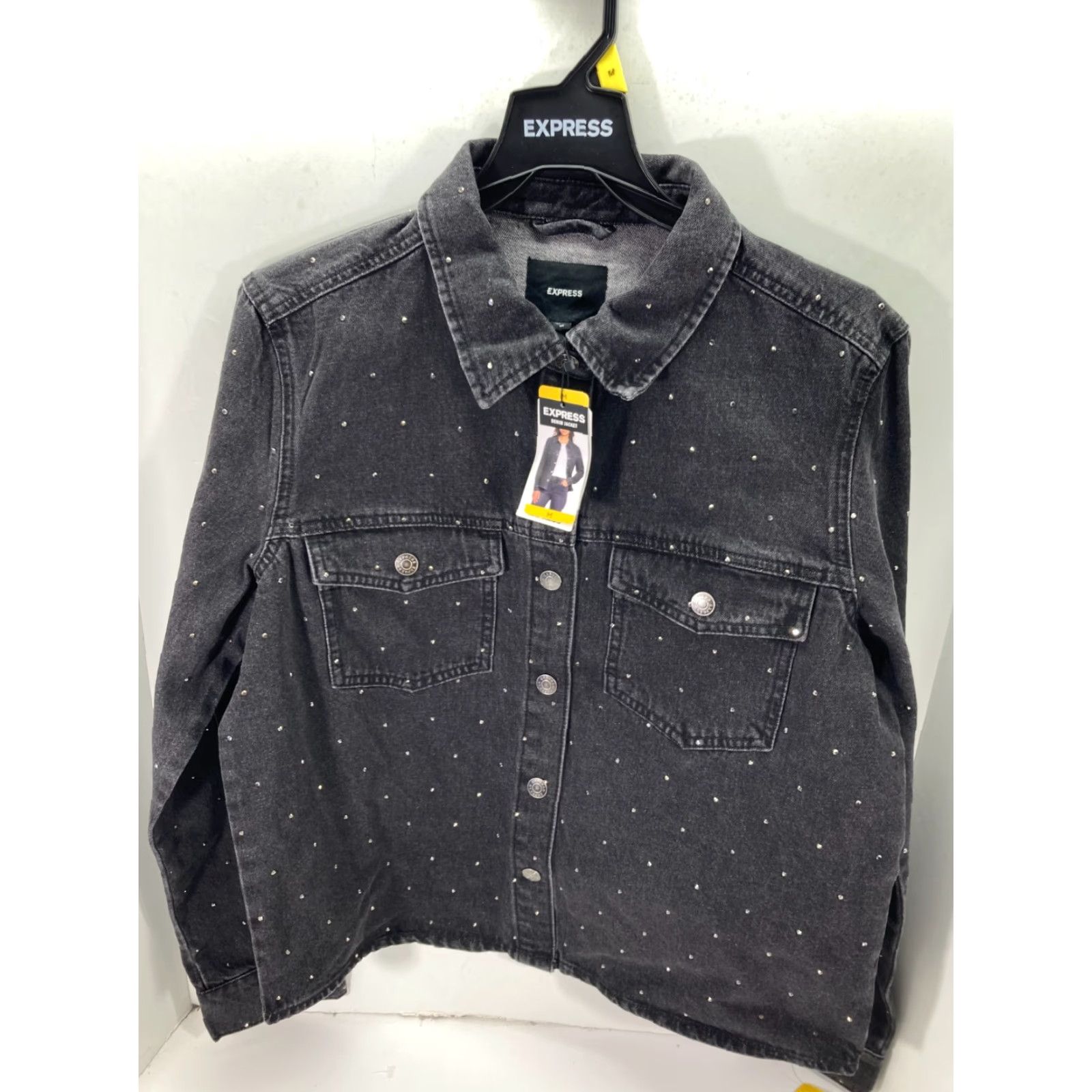 Express Express Jeans Denim Jacket Womens M Black Snap Front Rhinestone Western NWT Size 32" / US 10 / IT 46 - 2 Thumbnail