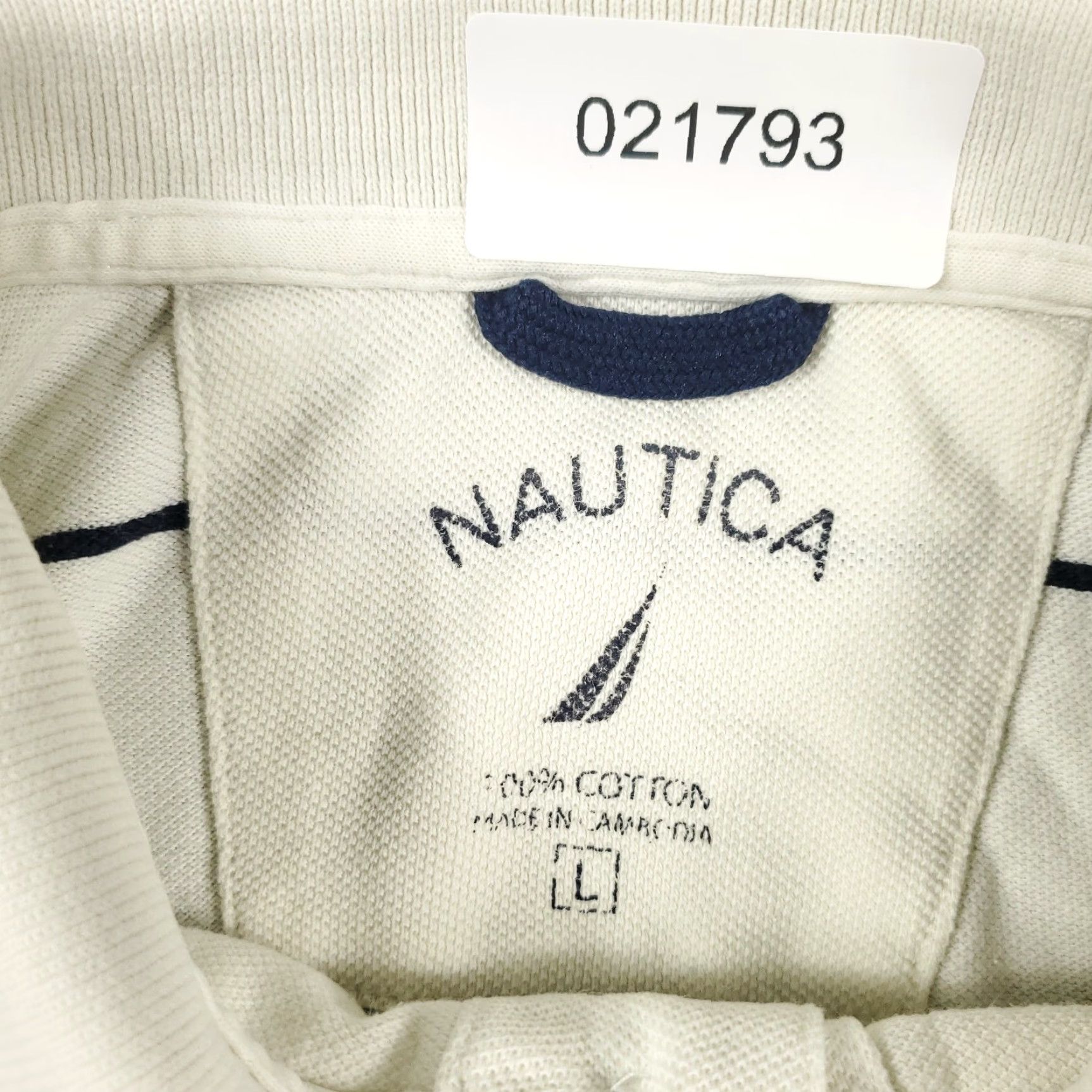 Nautica Nautica Polo Shirt Mens Large Ivory/White Striped Short Sleeve Casual Button-Front Polo Shirt, Regular Fit, Navy/White? Size US L / EU 52-54 / 3 - 8 Thumbnail
