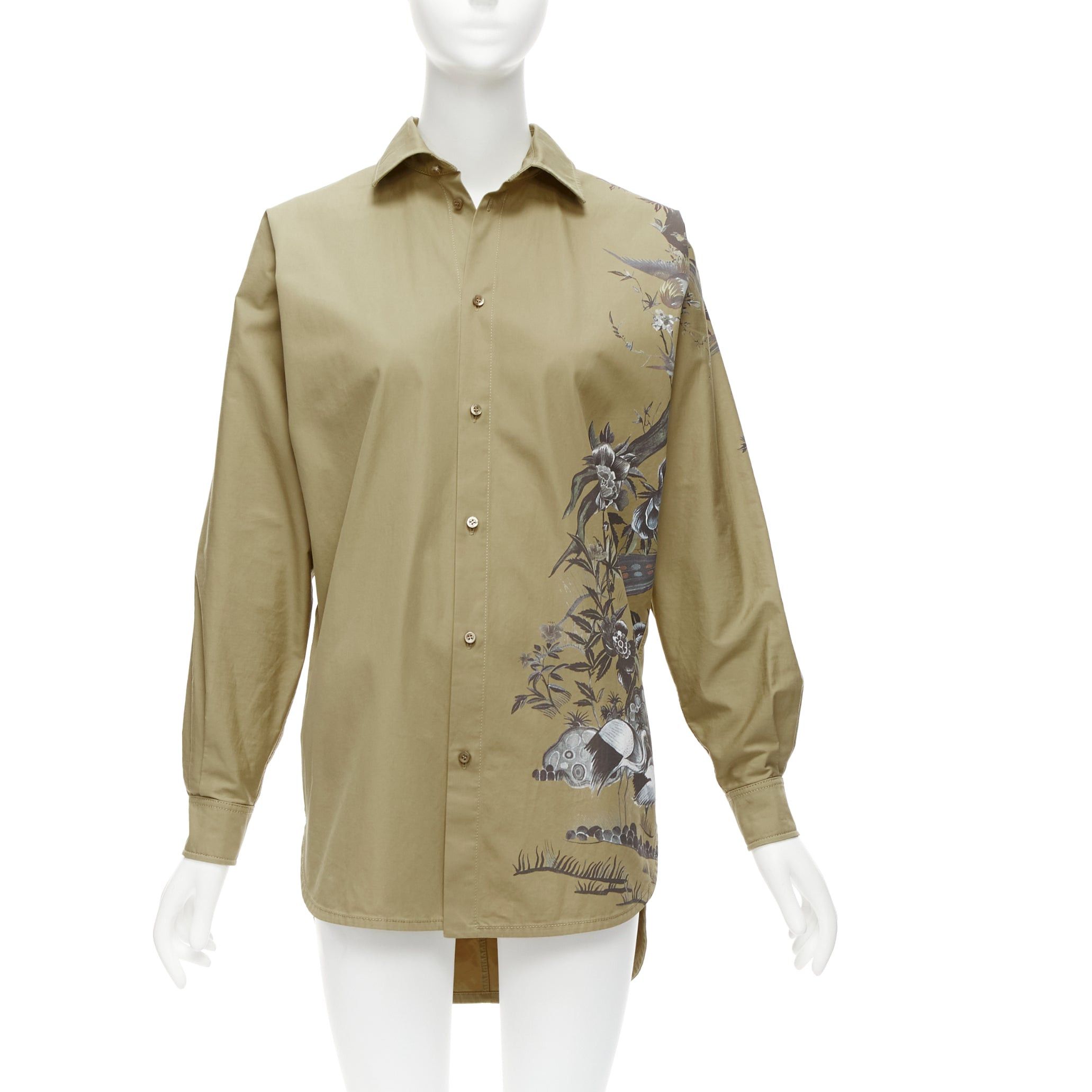 image of Christian Dior 2022 Jardin Dhiver Khaki Bird Flower Dress Shirt Fr34 Xs, Women's