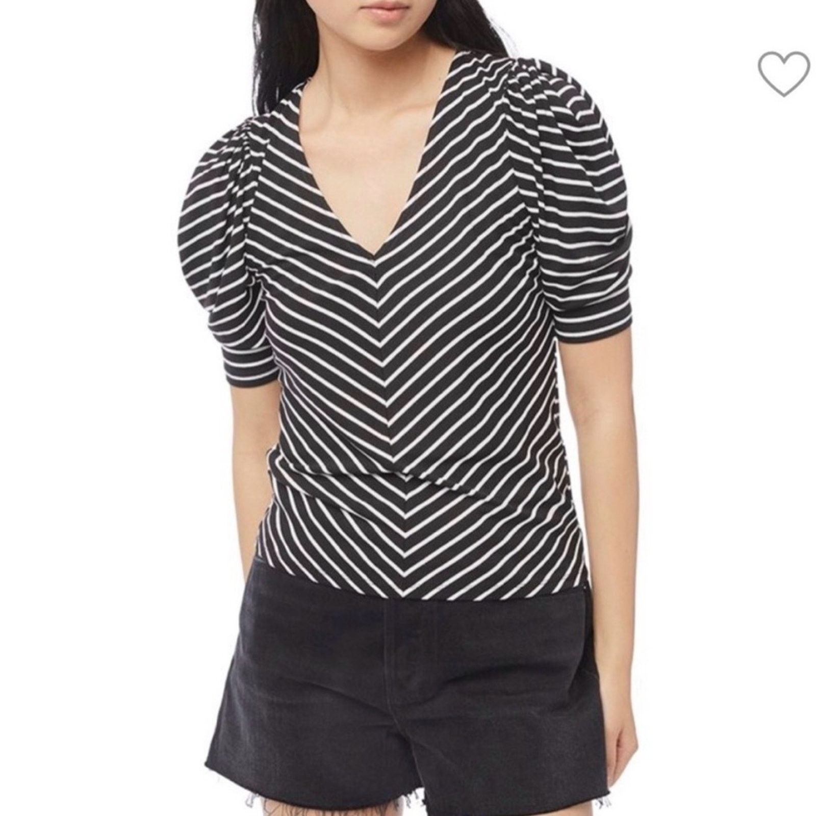 Frame Frame Black and White Striped Top Puffed Short Sleeve V-Neck Size S / US 4 / IT 40 - 1 Thumbnail