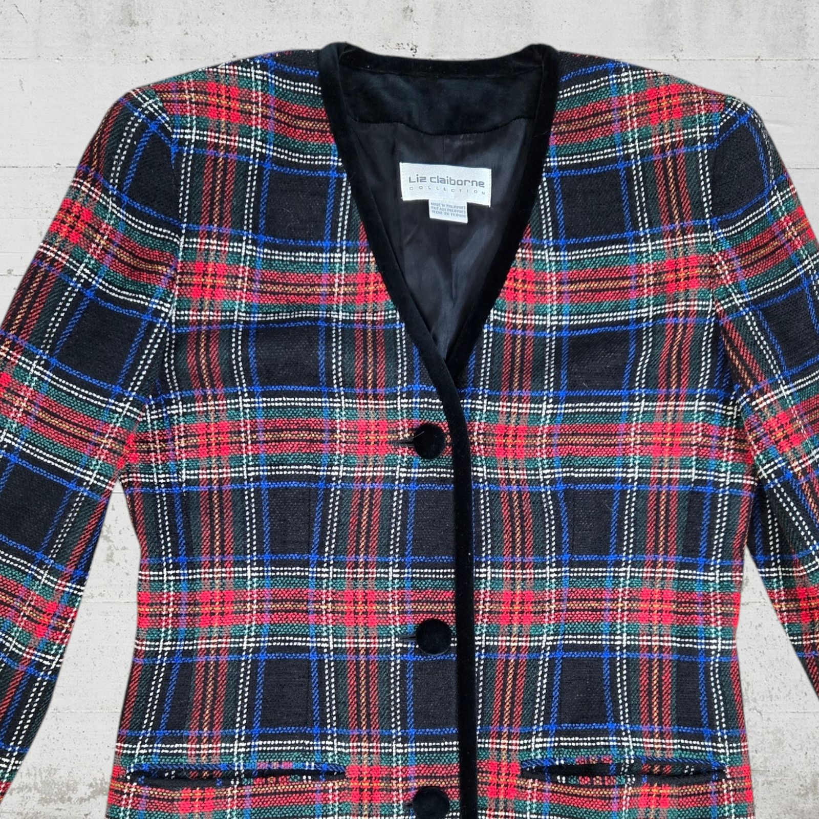 Vintage 90s Tartan Wool Velvet Trim Blazer Size 4 Size S / US 4 / IT 40 - 3 Thumbnail