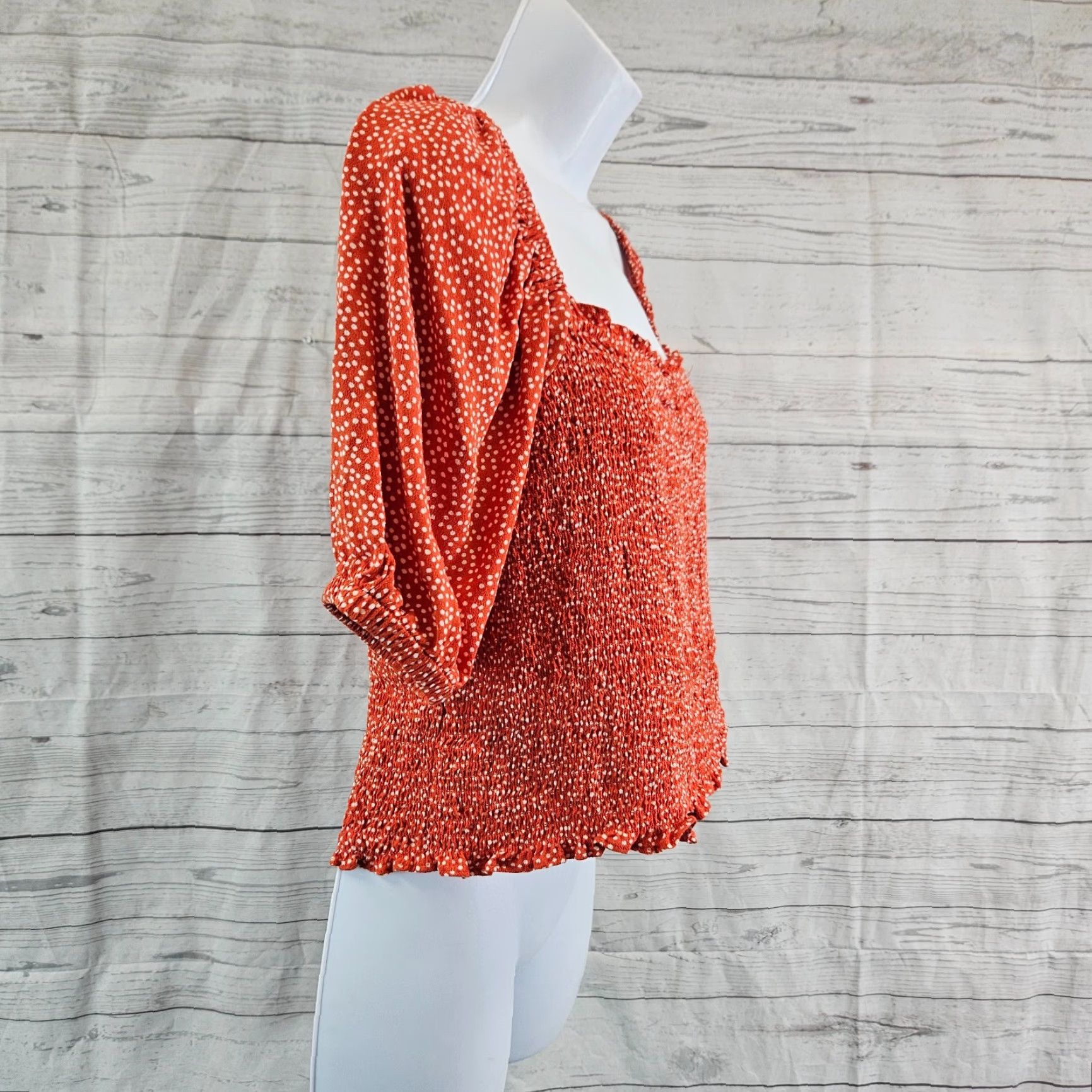 Loft Ann Taylor LOFT Womens Smocked Crop Top Sz Small Red/Orange Spotted Rayon Size S / US 4 / IT 40 - 3 Thumbnail