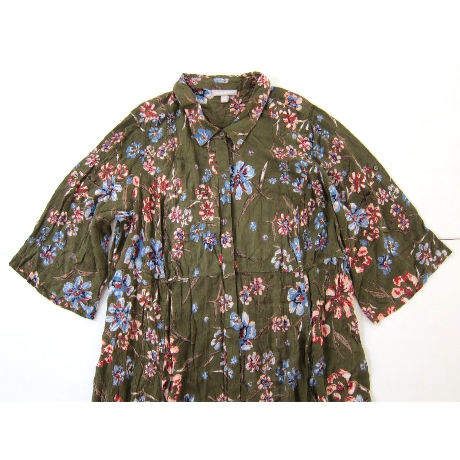 Vintage Woman Within Dress Maxi Floral Button Down 26W Green Pink Blue Pockets Short Sleeve Rayon Long 72" Hip 54.5" Shoulder to Hem Womens Size 4XL / US 24-26 - 4 Thumbnail