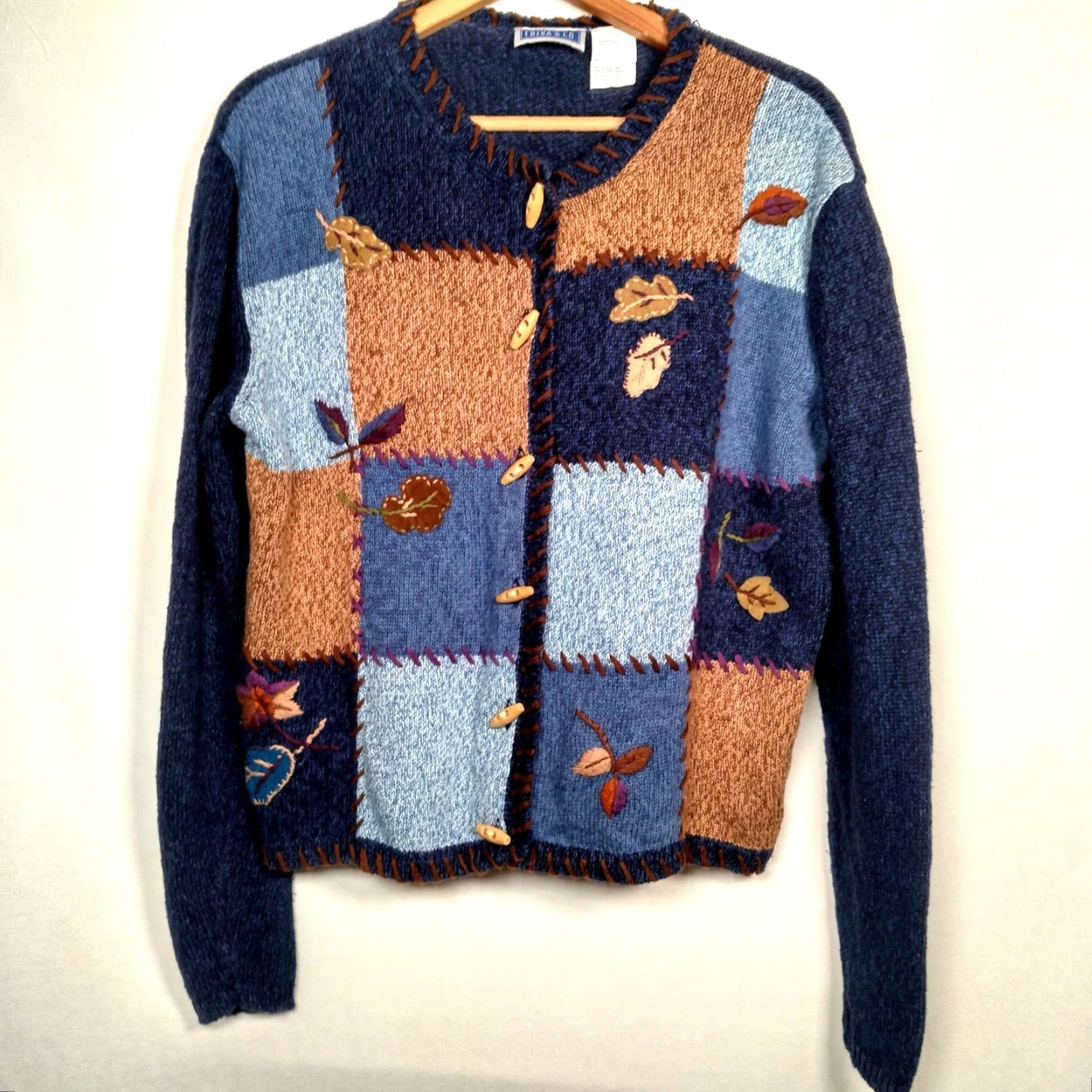 CO VINTAGE Unbranded Cardigan Sweater Women Large Patchwork Blue Brown Fall Leaves Casual Size L / US 10 / IT 46 - 2 Thumbnail